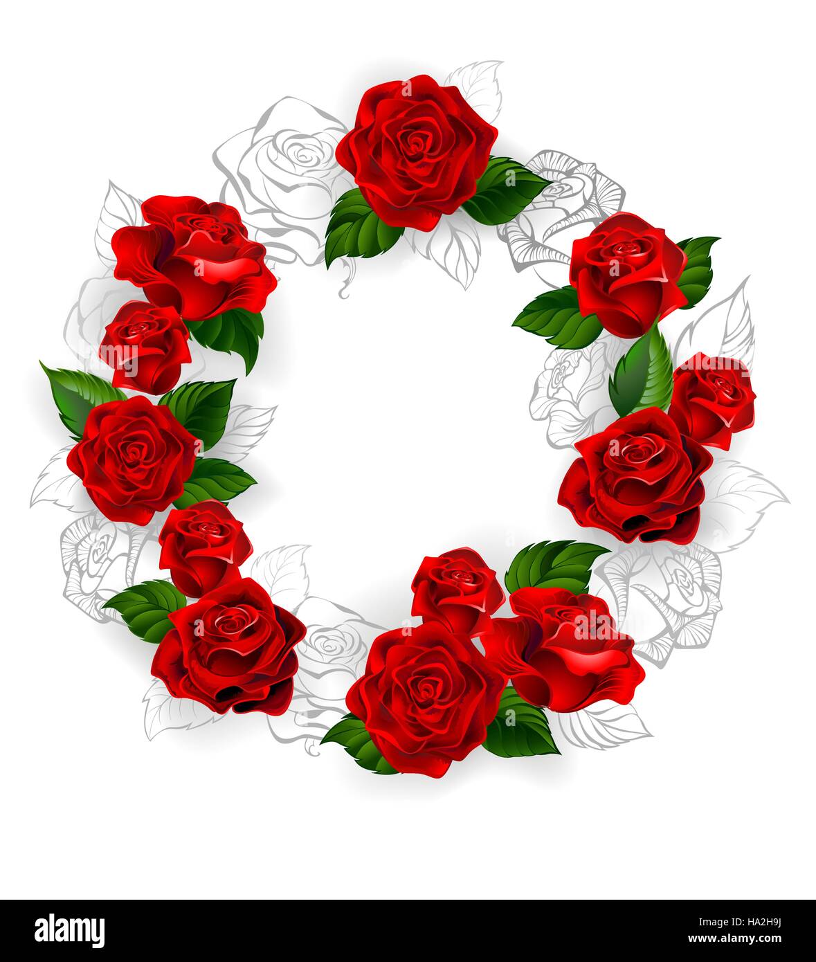 Kreis aus roten Band und ziehen eine Bleistift-Skizze der Rosen auf weißem Hintergrund. Stock Vektor