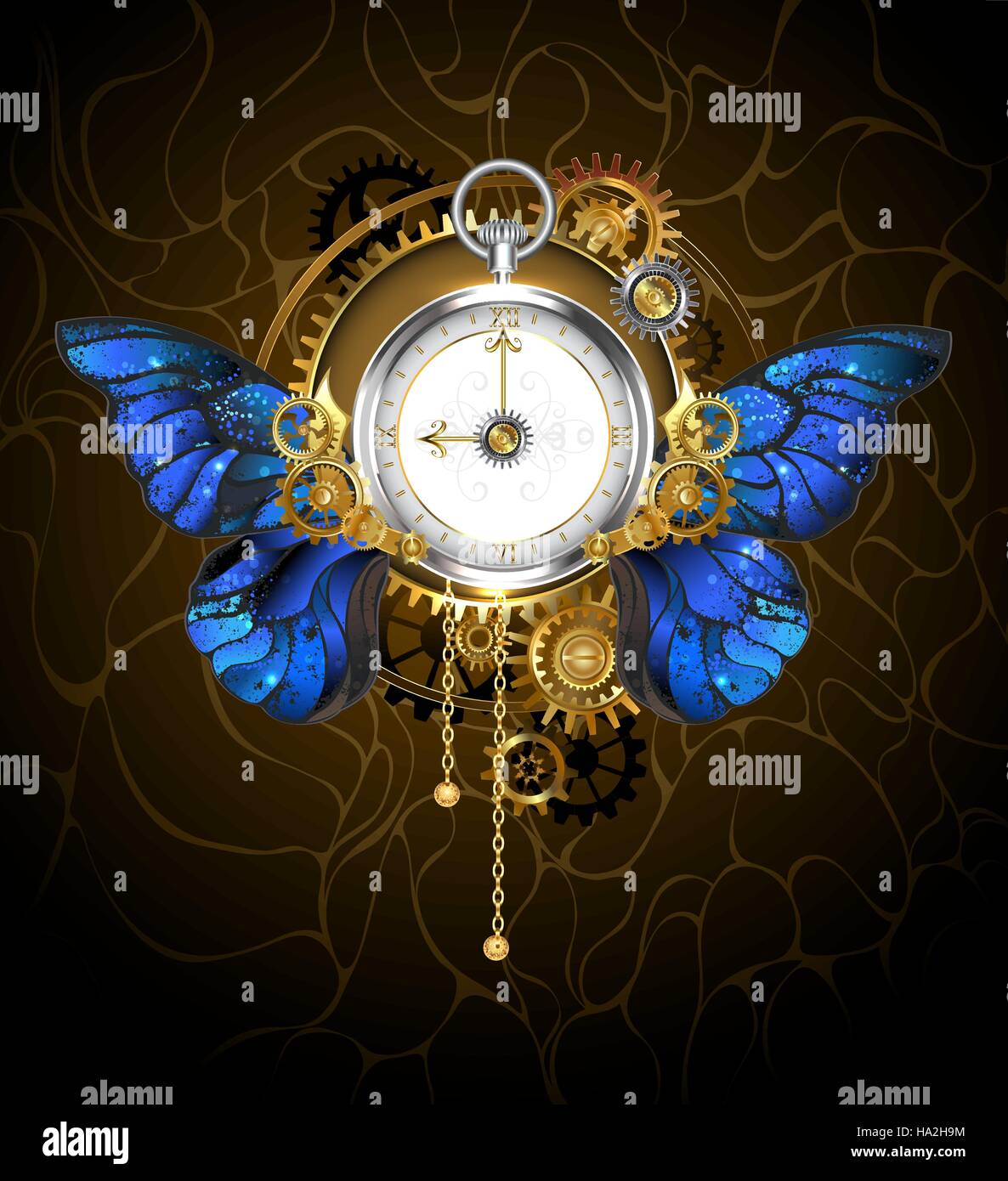 Rund um die Uhr im Stil der Steampunk mit blauen Schmetterling Flügel Morpho, Zifferblatt mit goldenen römischen Ziffern, mit Gold, Silber und Messing verziert Stock Vektor