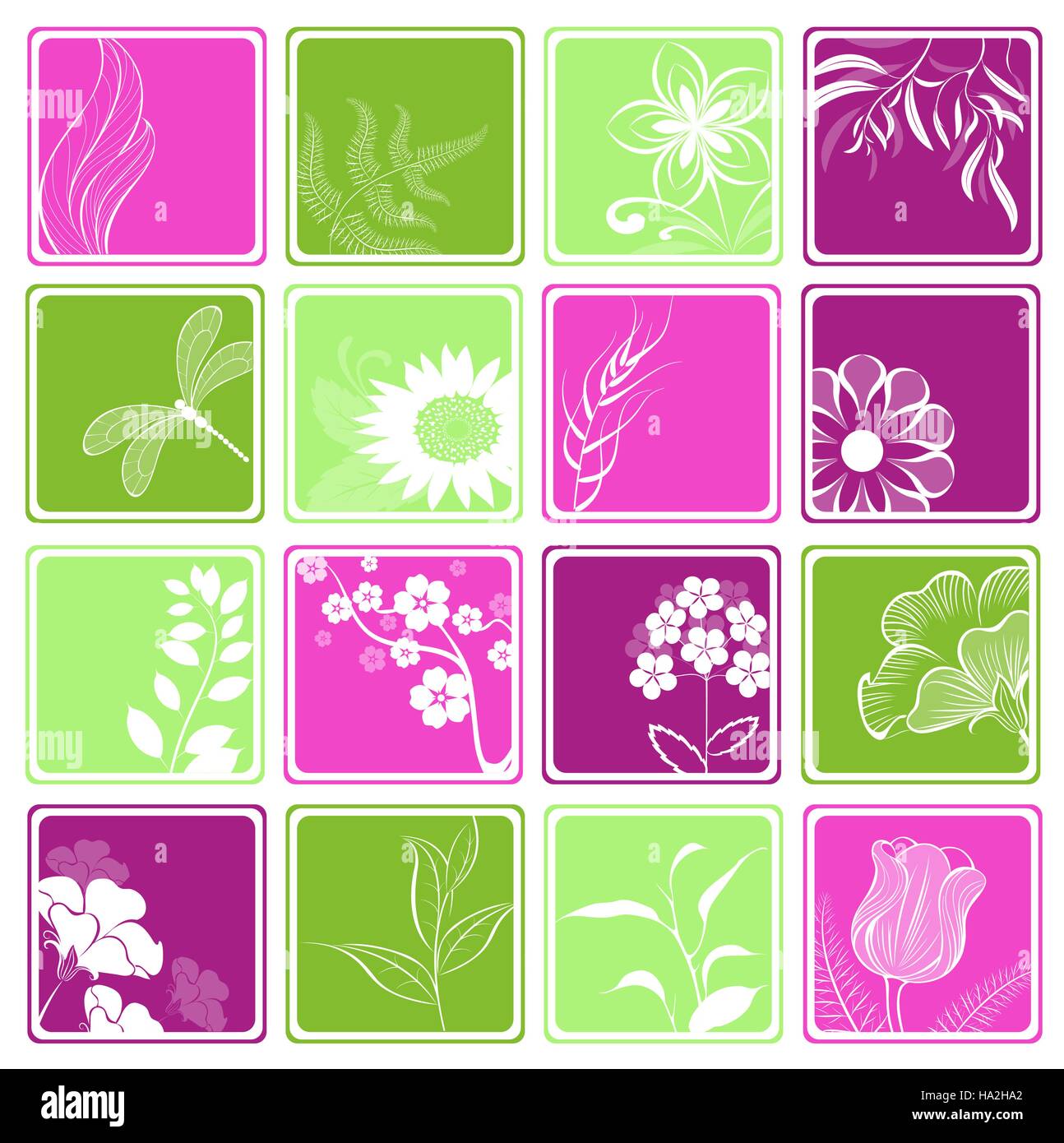 Rosa und grün Computer-Icons mit stilisierten Blüten und dekorative Zweige Stock Vektor