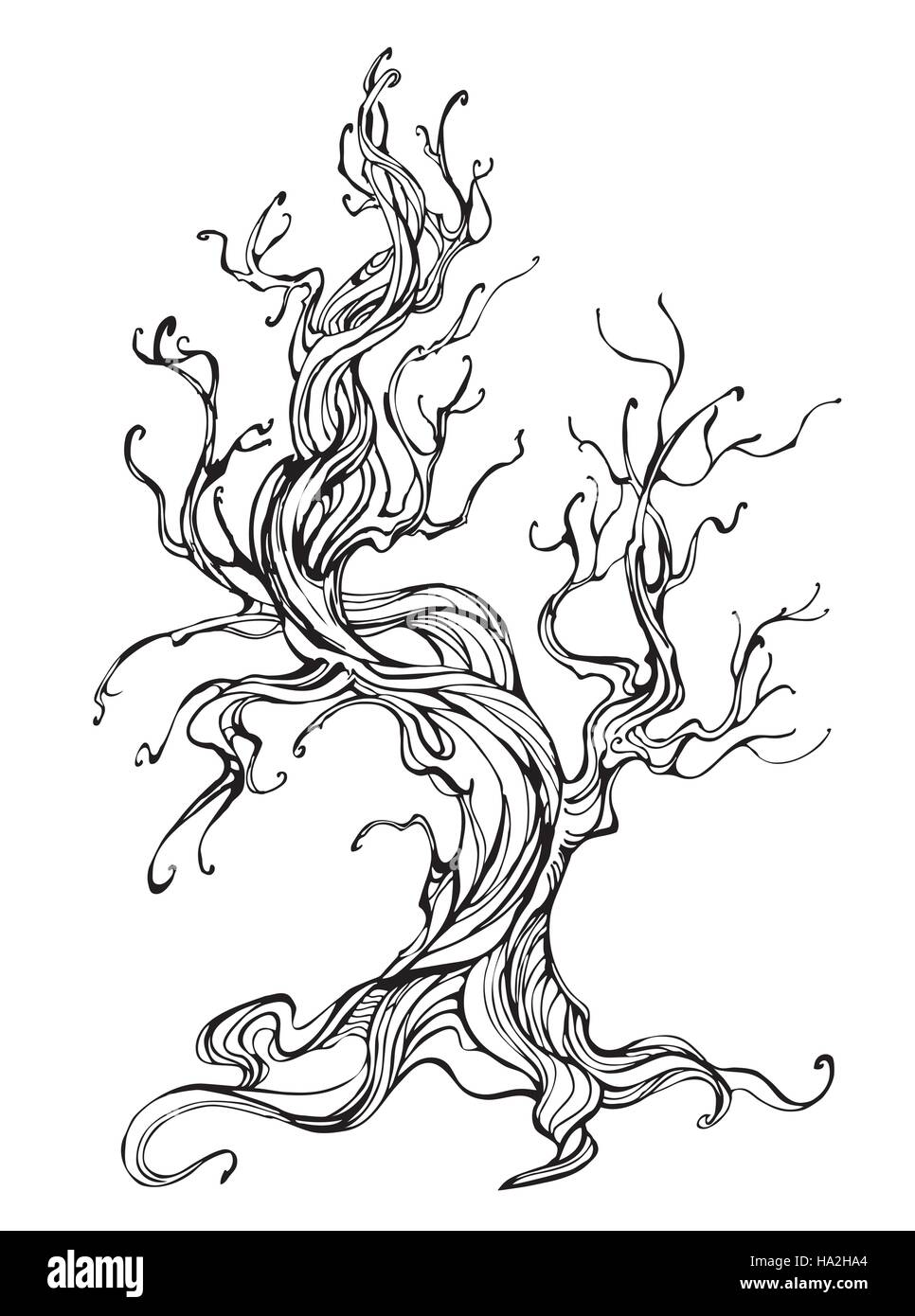 künstlerisch-gezeichneten alten Baum Umriss auf einem weißen Hintergrund. Tattoo-Stil. Hand gezeichnet. Skizze, Zeichnung. Stock Vektor