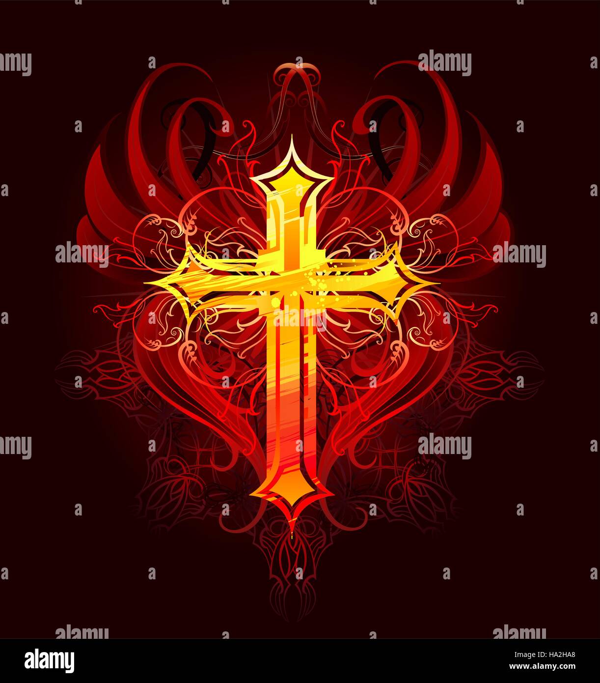 leuchtende Kreuz, gezeichnet durch große Hübe orange und rote Farbe mit roten stilisierten Flügeln auf einem dunklen Hintergrund, dekoriert mit dunklen Muster Stock Vektor