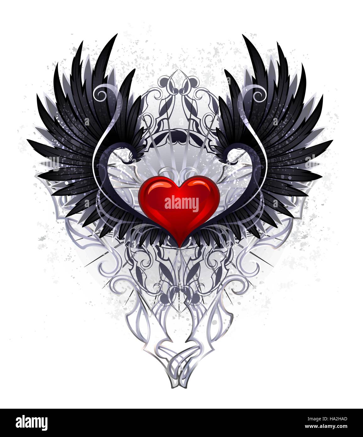 Rot glänzende Herz mit schwarzen Flügeln, verziert mit einem Muster auf weißem Hintergrund Stock Vektor