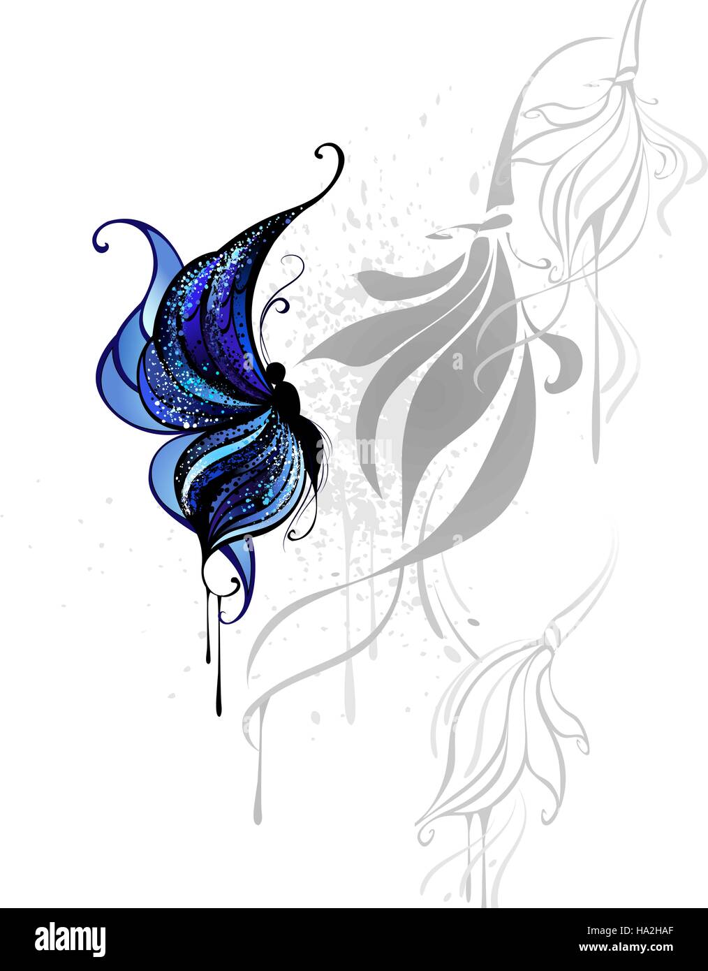 Schmetterling mit dunkel blauen und schwarzen Farbe auf weißem Hintergrund mit den grauen stilisierten Blumen gezeichnet. Stock Vektor