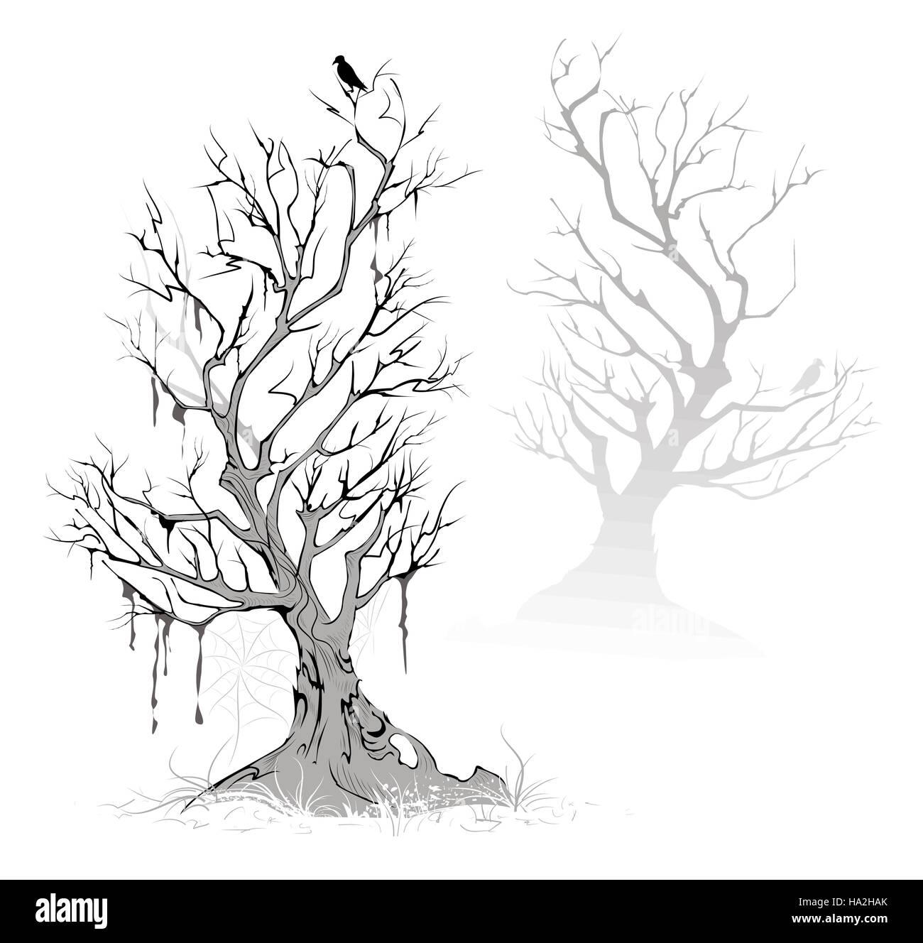 Zwei künstlerische gemalt, tot, getrocknete Baum in einem nebligen, erschreckende Sumpfgebiet. Stock Vektor