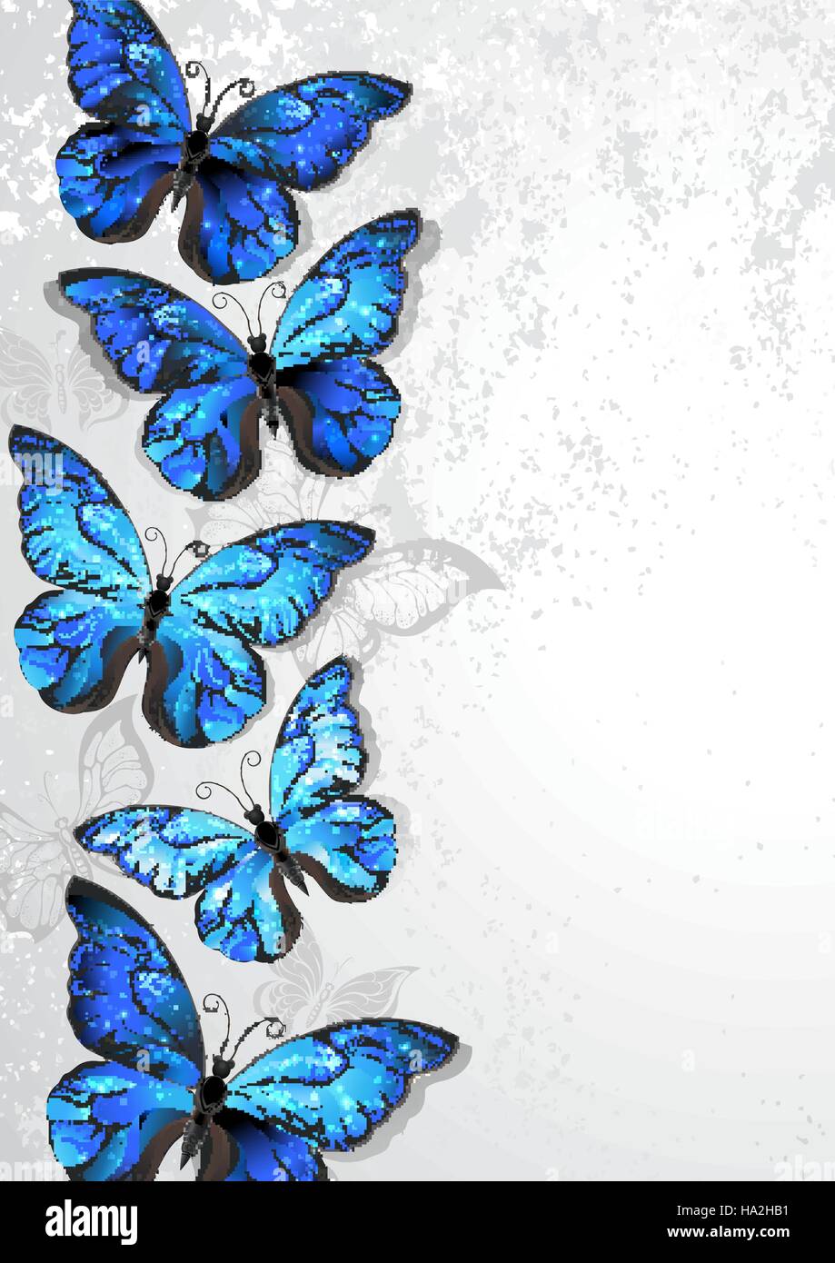 Design mit kunstvoll bemalte, Morpho Schmetterlinge mit schillernden blauen Flügeln auf einem grauen Hintergrund Textur. Morpho. Design mit blauer Schmetterlinge mo Stock Vektor