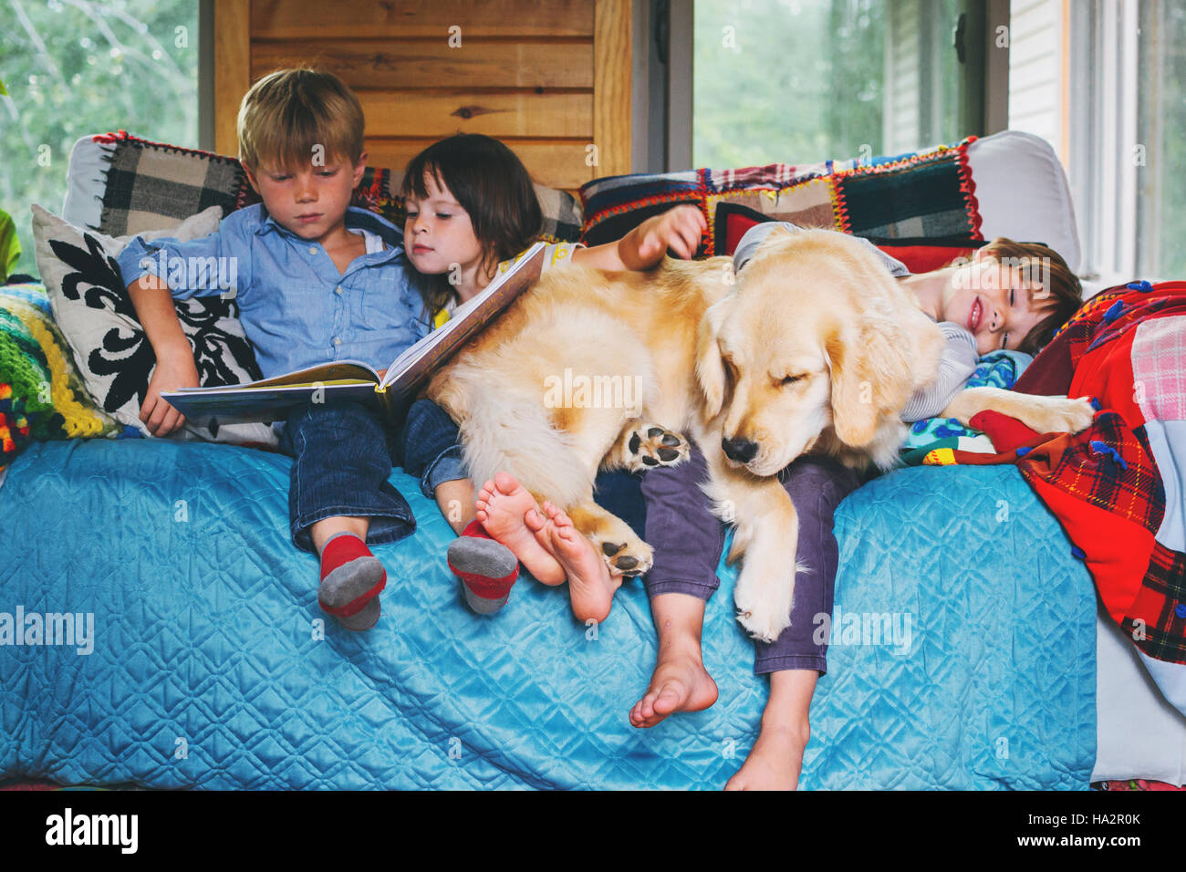 Drei Kinder sitzen auf der Couch lesen zusammen mit Hund Stockfoto