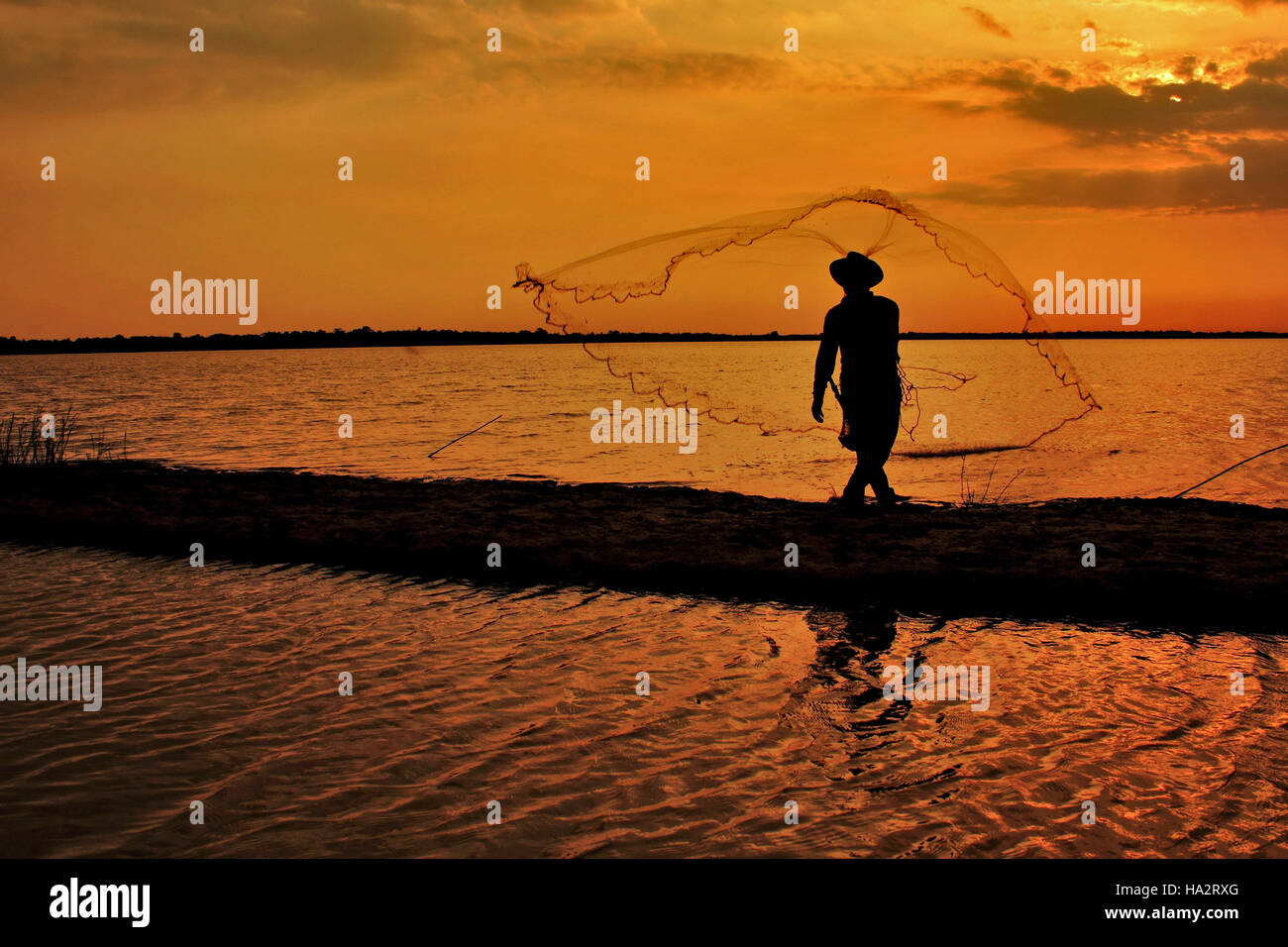 Silhouette der Fischer wirft sein Netz, Banjarbaru, South Kalimantan, Indonesien Stockfoto