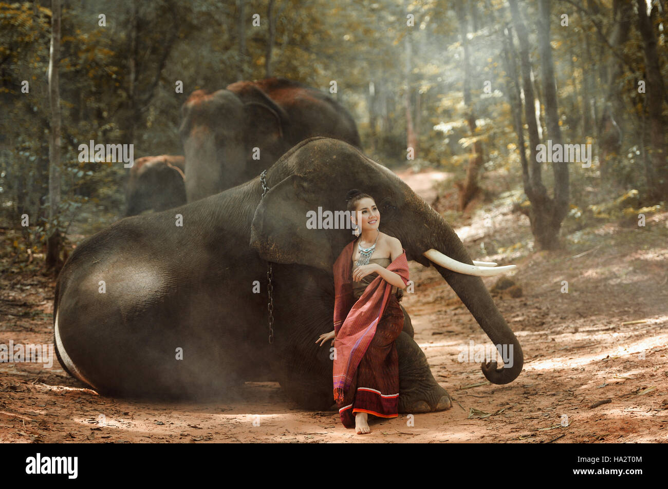 Porträt einer Frau sitzt mit einem Elefanten, Thailand Stockfoto