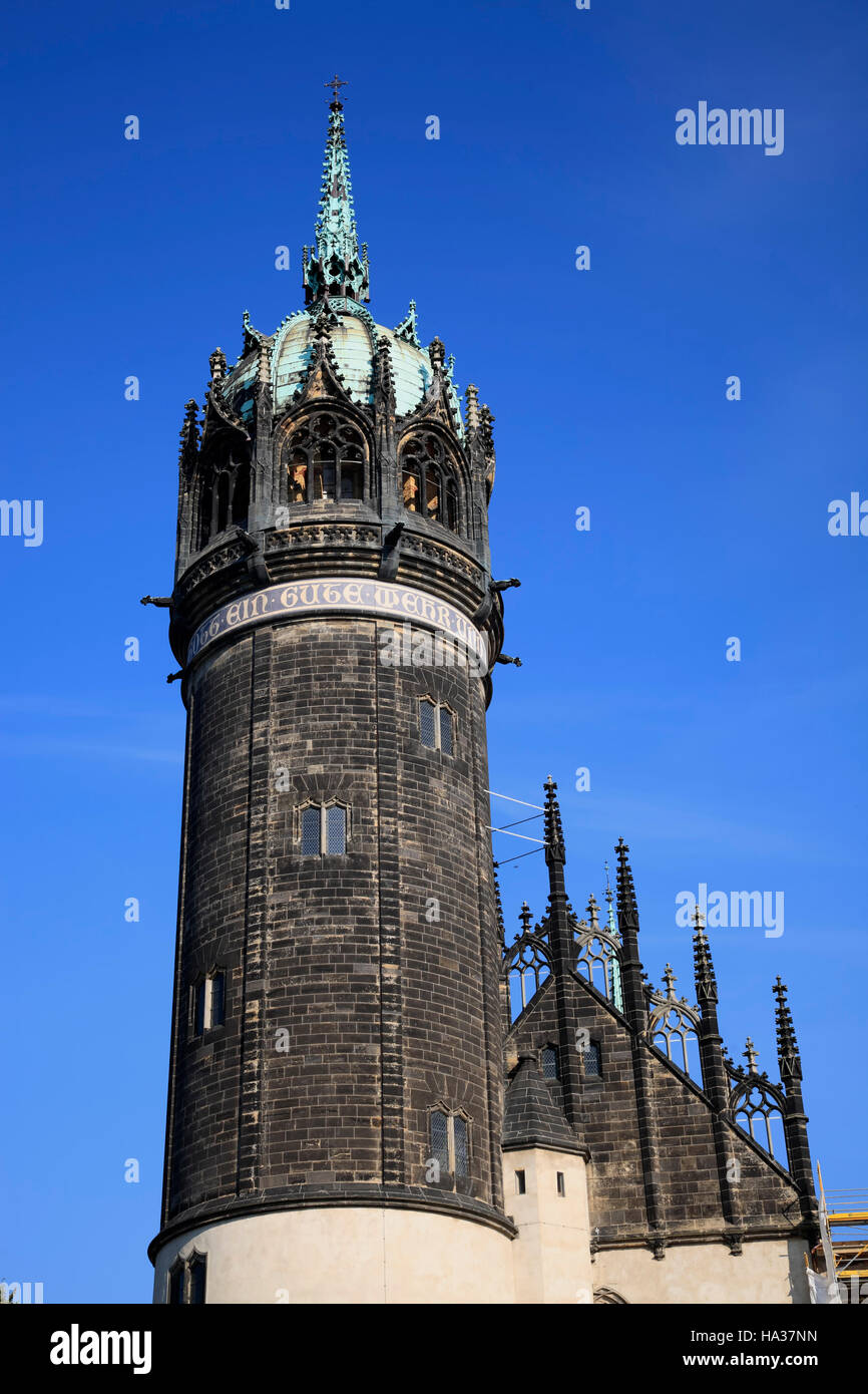 Turm der Burg Kirche (Schlosskirche) Wittenberg / Elbe, Sachsen-Anhalt, Deutschland, Europa Stockfoto