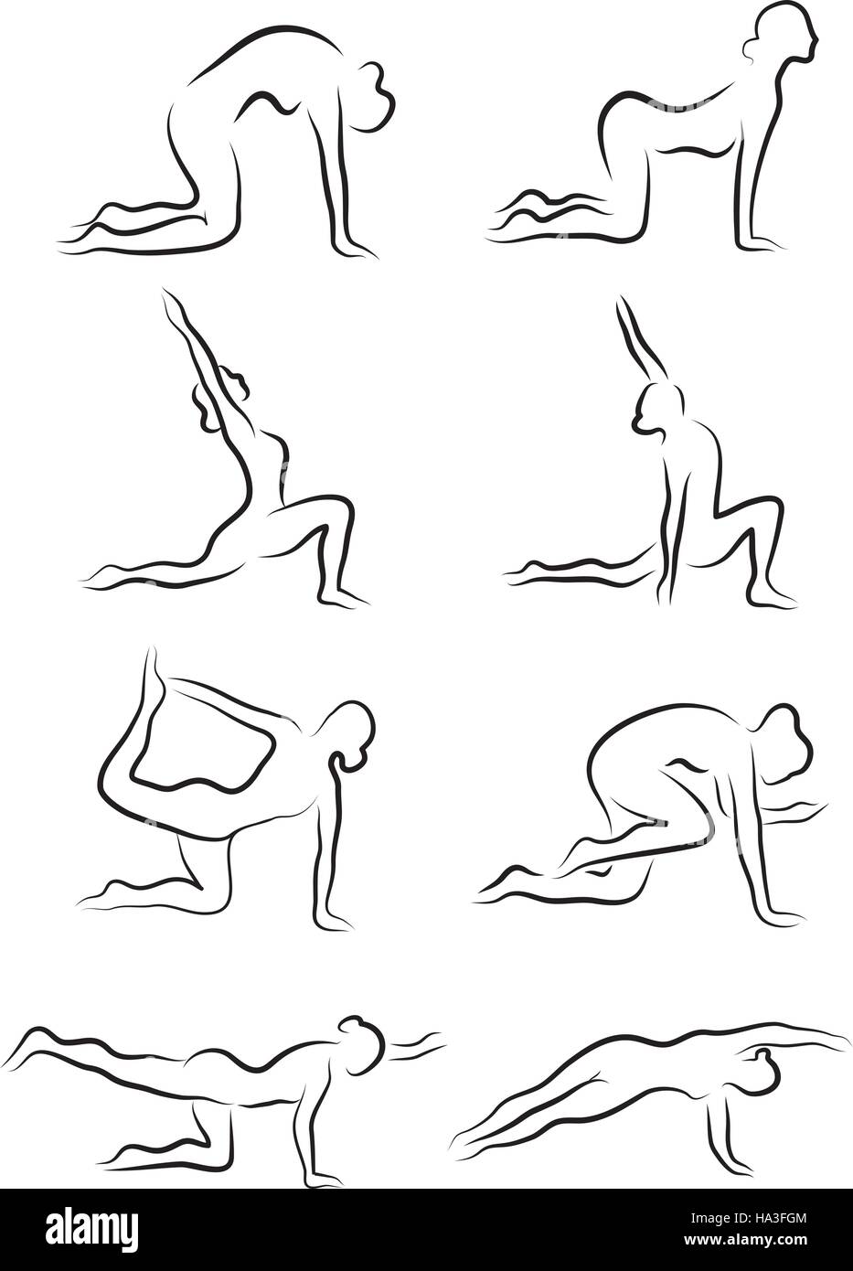 Reihe von Skizzen von Silhouetten von Yoga-Asanas. Das Mädchen beschäftigt sich mit Yoga. Vektor-illustration Stock Vektor