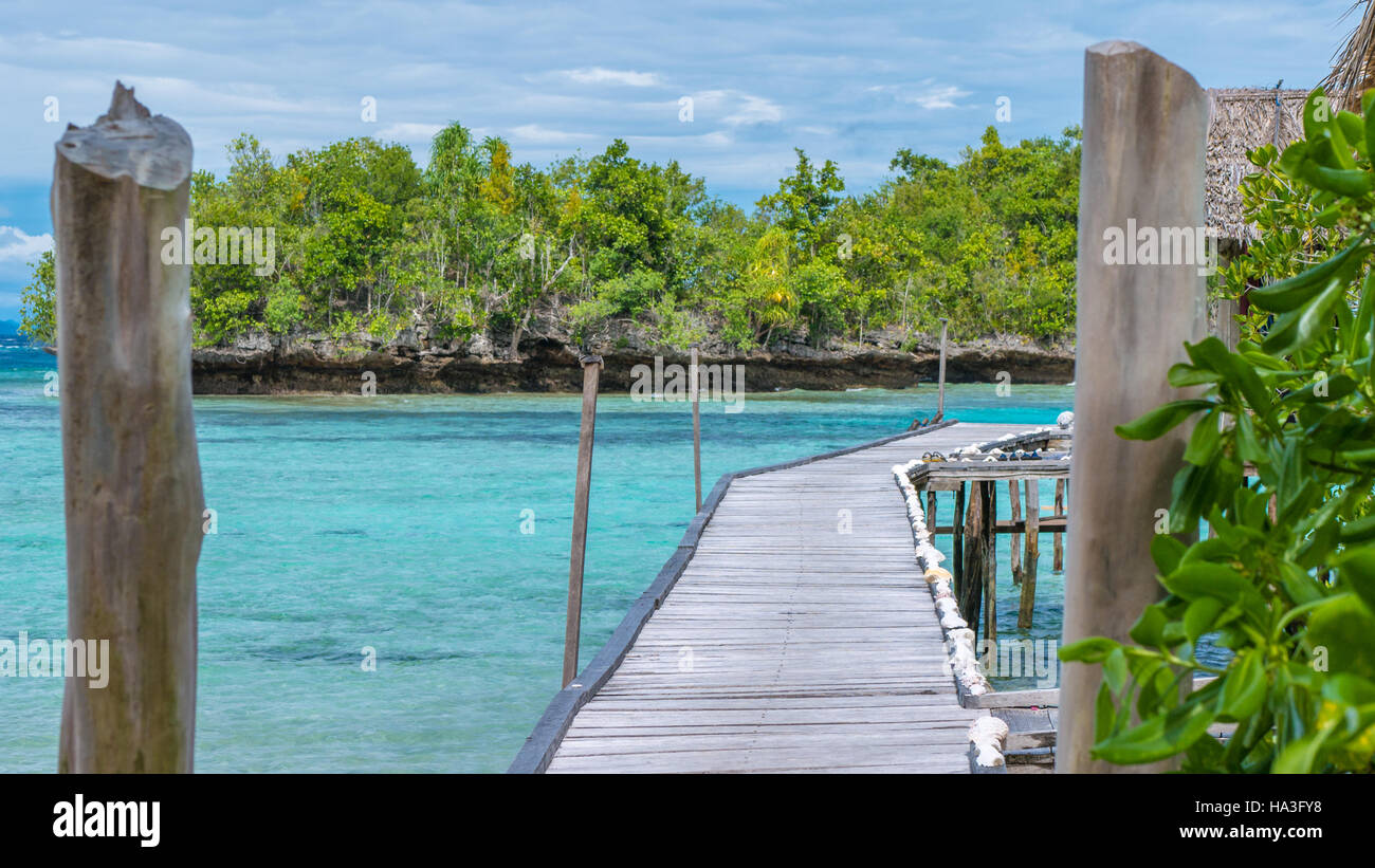 Pier von Bambushütten, Kordiris Gastfamilie, Palme vor, Gam Insel, West-Papua, Raja Ampat, Indonesien Stockfoto