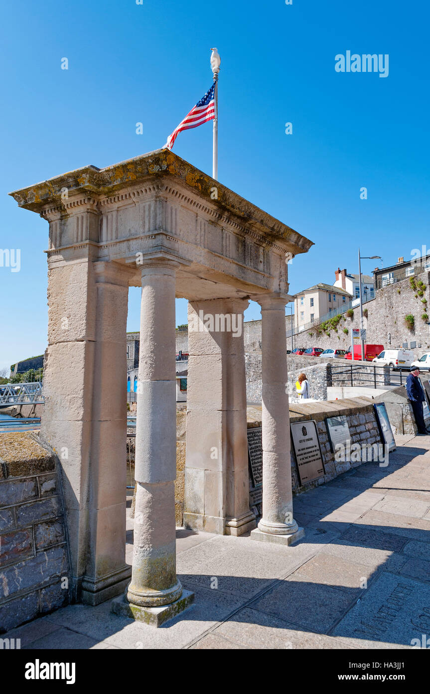 Die Mayflower Schritte am Hafen von Plymouth, Devon, England, UK Stockfoto