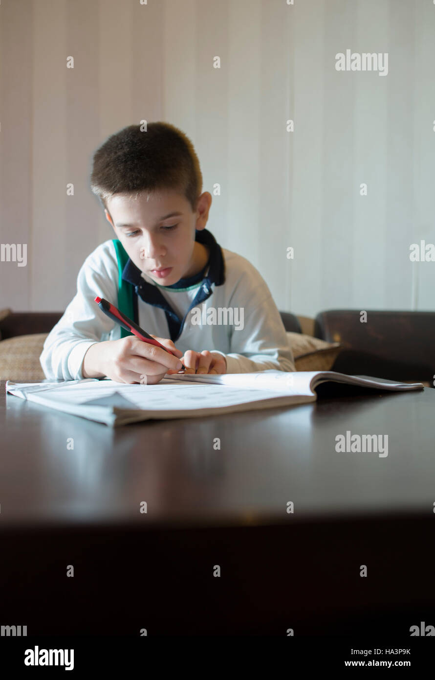 Kind seine Hausaufgaben machen. Notebook für Mathematik. Hand halten Stift. Jungen lernen Stockfoto