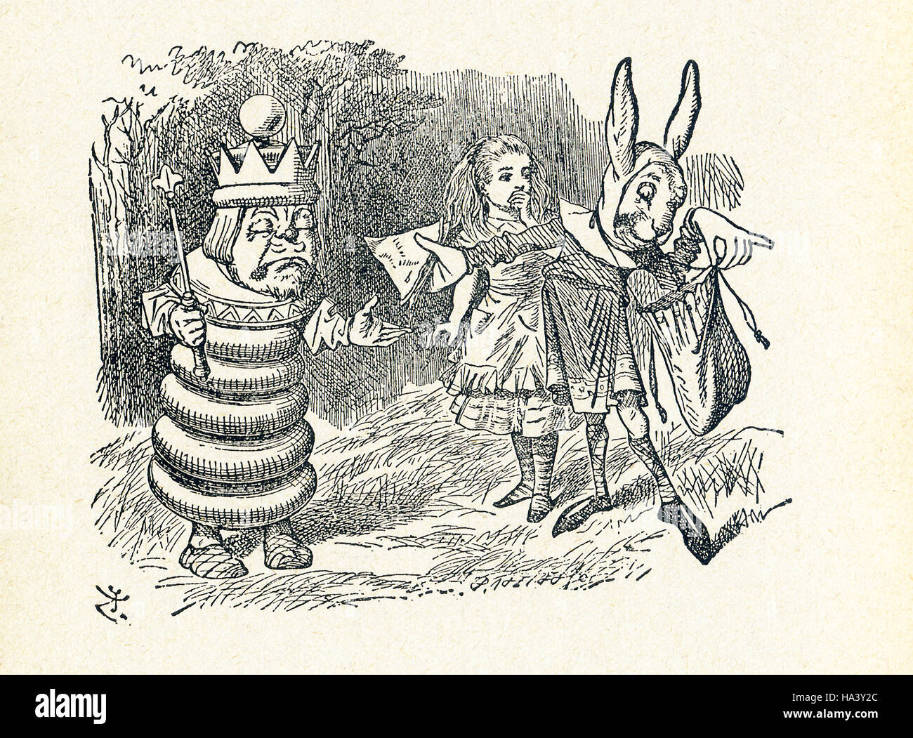 Dies ist eine Szene aus was Alice sah, einmal ging es durch den Spiegel und in den Spiegel-Raum in Carrolls "Through the Looking Glass." Hier fordert der weiße König der Bote, ein Kaninchen, ein Schinkenbrot, während Alice schaut. Lewis Carroll (Charles Lutwidge Dodgson) schrieb den Roman "Through the Looking-Glass und was Alice fand es" im Jahre 1871 als Fortsetzung zu "Alices Abenteuer im Wunderland." Stockfoto