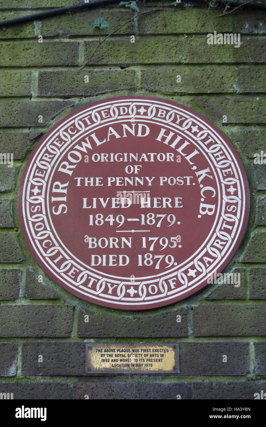 Gesellschaft der Künste Plaque Kennzeichnung der Website eines Hauses von Sir Rowland Hill, Urheber des Pfennigs post, Hampstead, London, england Stockfoto