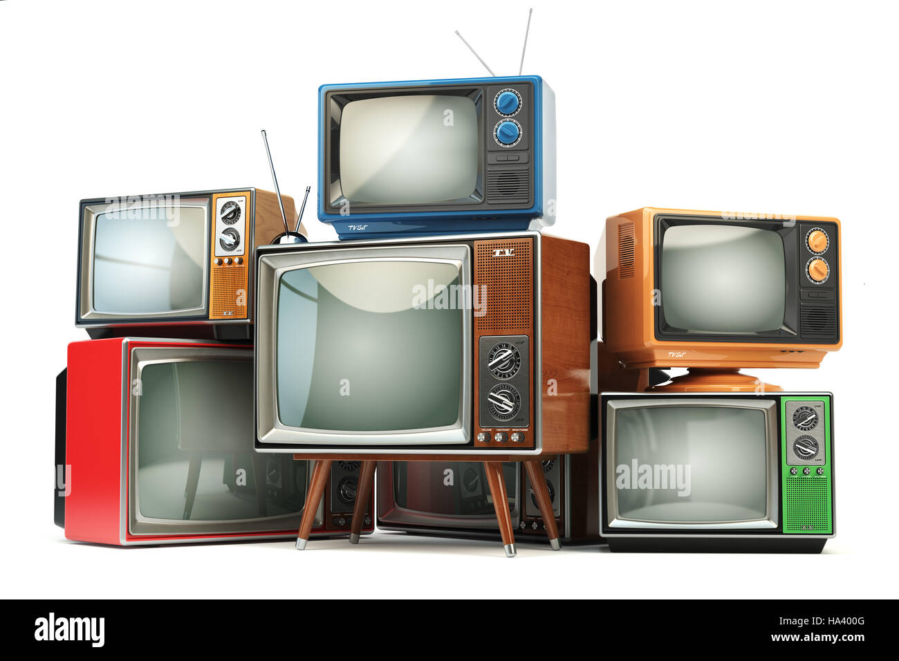 Haufen von Retro-TV setzt isolierten auf weißen Hintergrund. Kommunikation, Medien und Fernsehen Konzept. 3D illustration Stockfoto