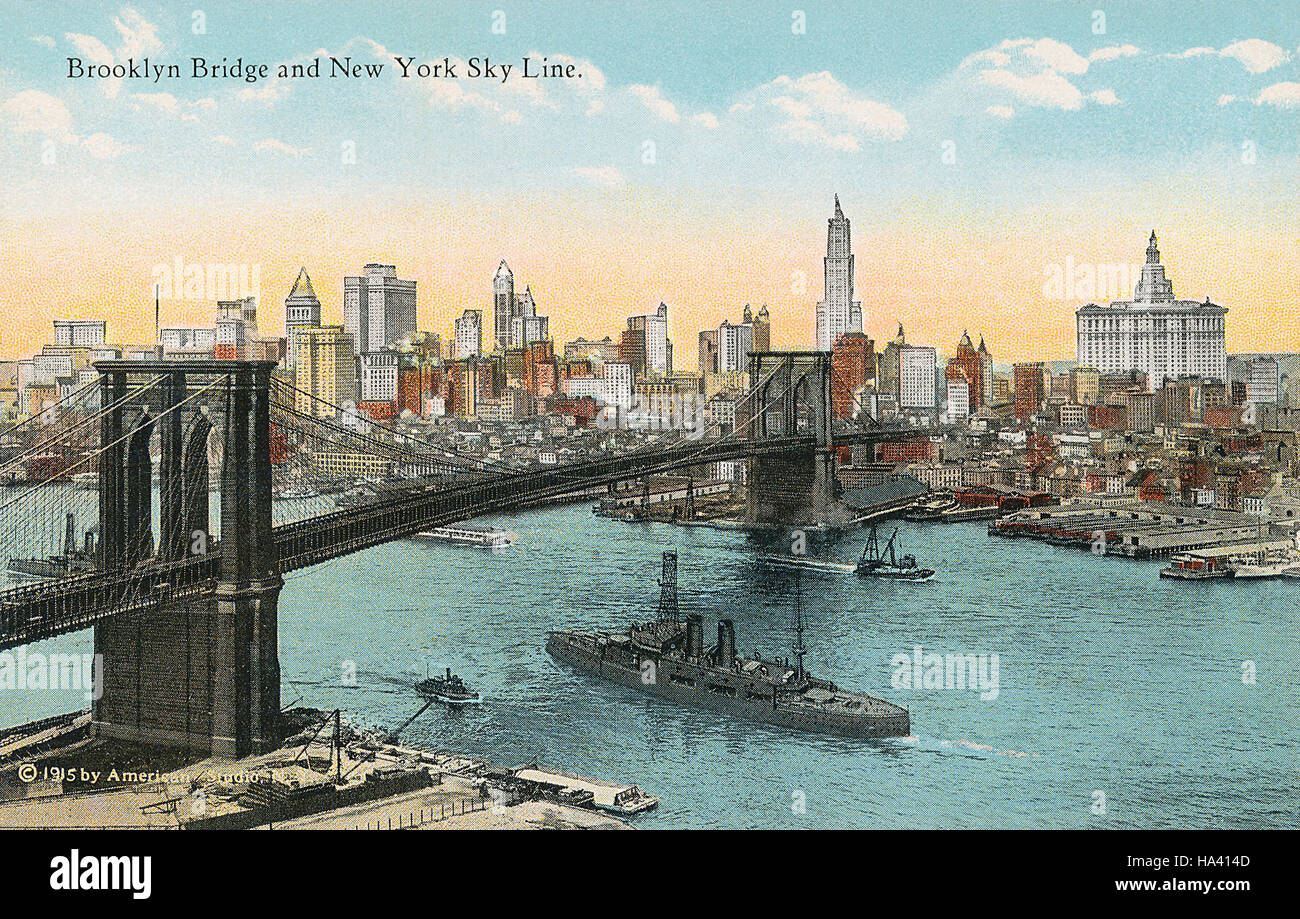US-Postkarte von der Brooklyn Bridge und die Skyline von New York, veröffentlicht von der Foto- & Kunst Postkarte Co. Stockfoto