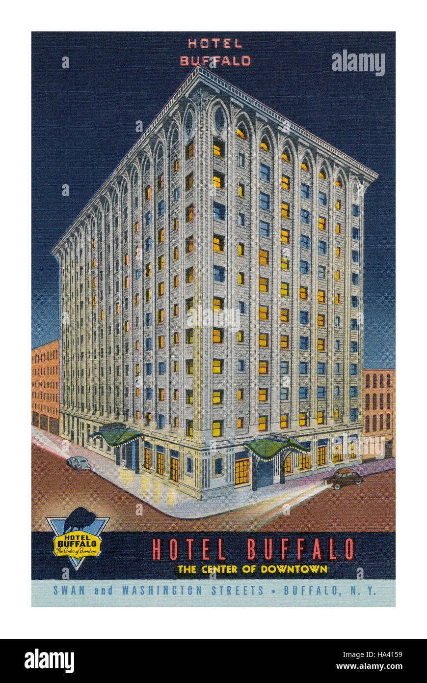 US-Postkarte des Büffels Hotel in Buffalo, New York State, veröffentlicht von Curt Teich im Jahre 1942 Stockfoto