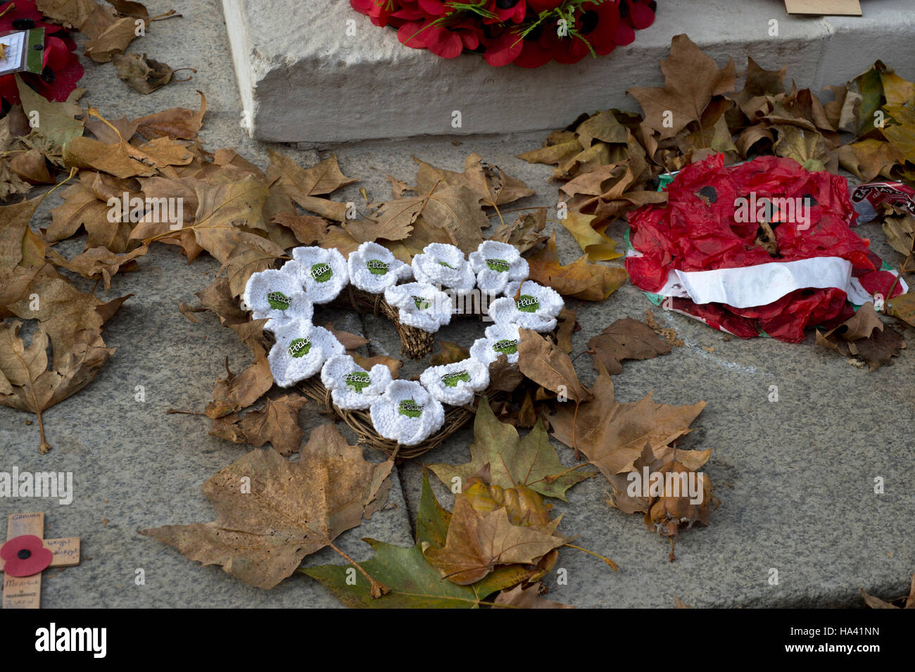 Volkstrauertag am Ehrenmal. Kranz aus gestrickten Frieden Mohn mit abgefallenen Blättern Stockfoto