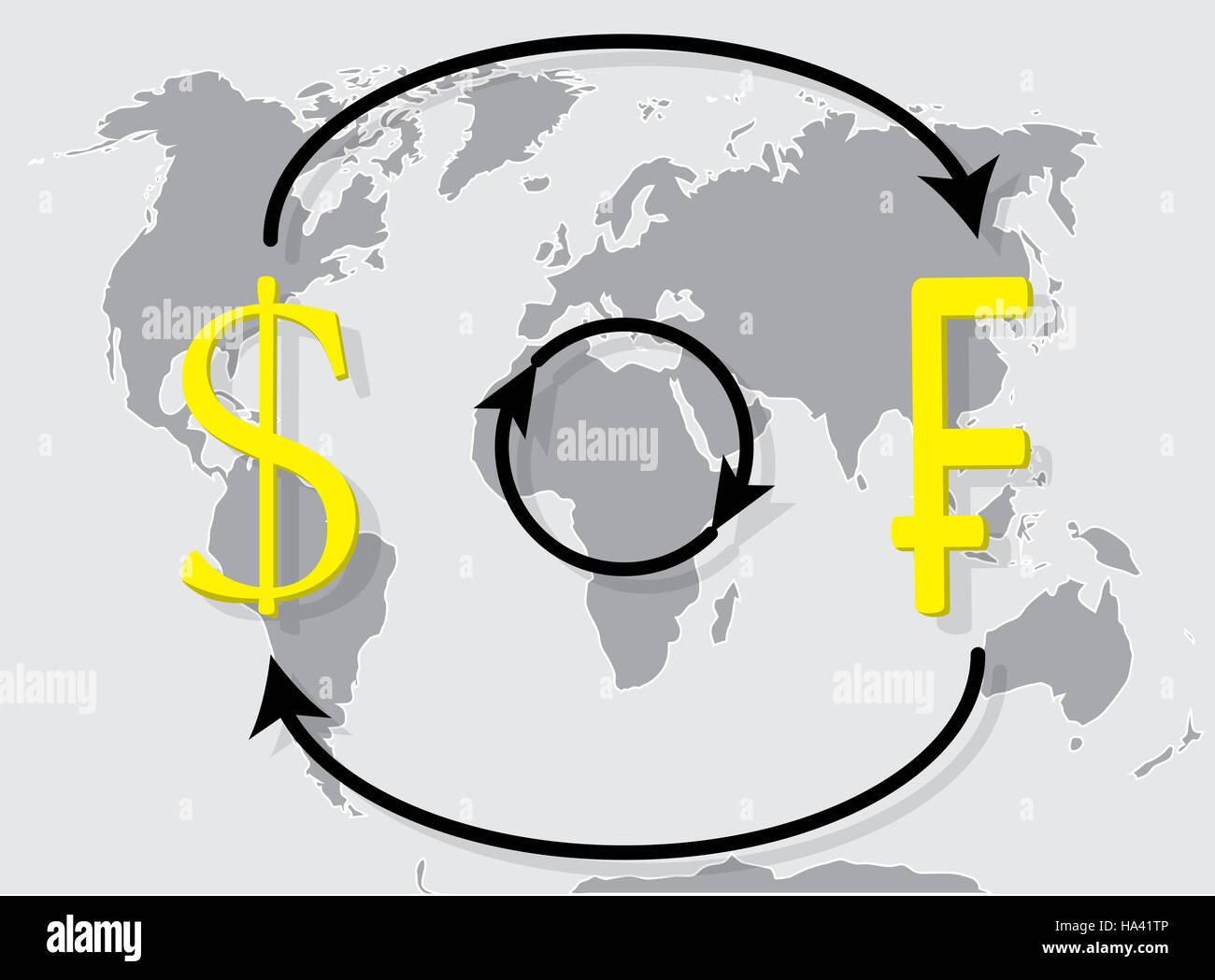Franken Dollar auf Welt Kartenhintergrund Wechselstube. Wechselkurs und Geldwechsel, Vektor-illustration Stockfoto
