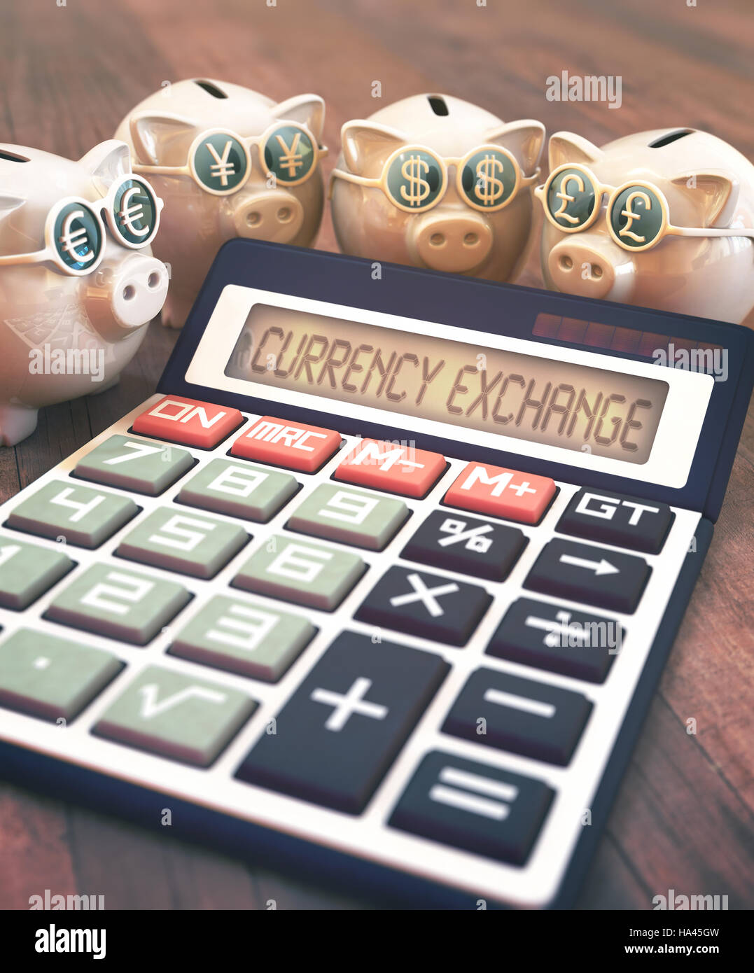 3D Darstellung, Konzept der Finanz und Wirtschaft. Sparschwein mit Gläsern mit Schild Geld, Euro, Yen, Dollar und Pfund. Stockfoto