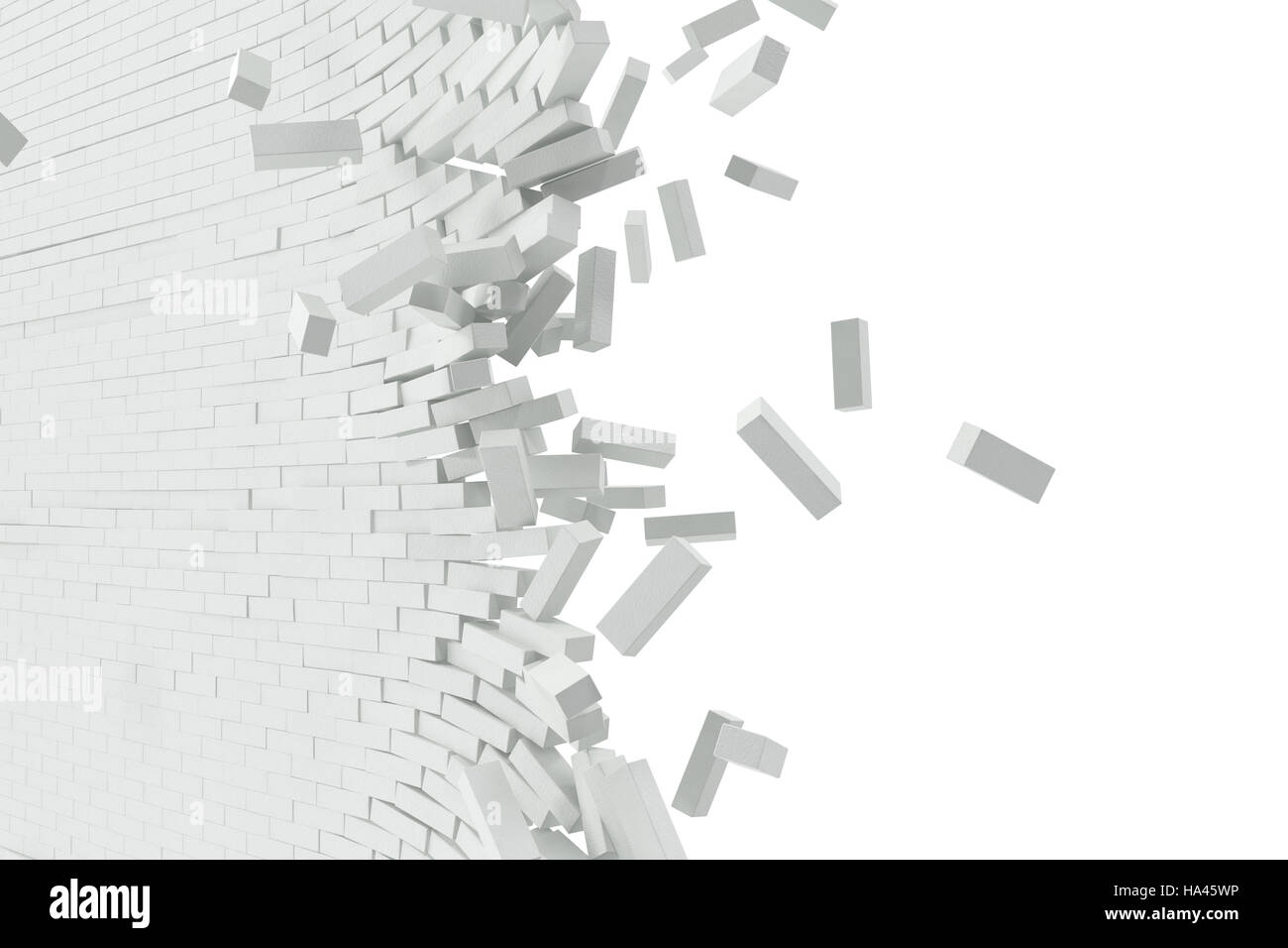 Zerstörung der weißen Wand mit leeren Text. 3D illustration Stockfoto