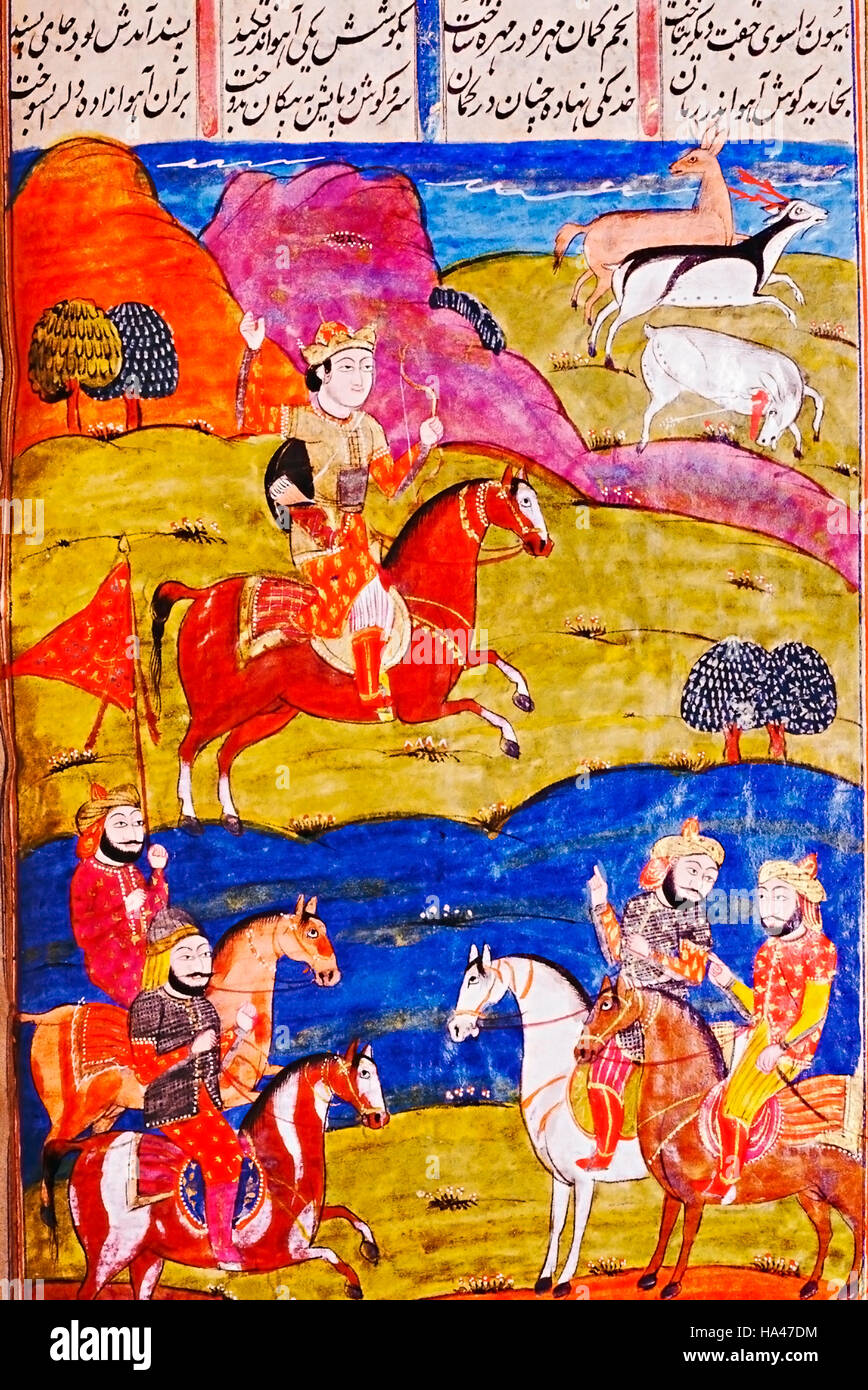 Weltweit oder das Buch der Könige: Prinz und seine Begleiter auf einer Hirschjagd. Indien-epischen Gedicht von Firdausi, 934-1020 CE Stockfoto