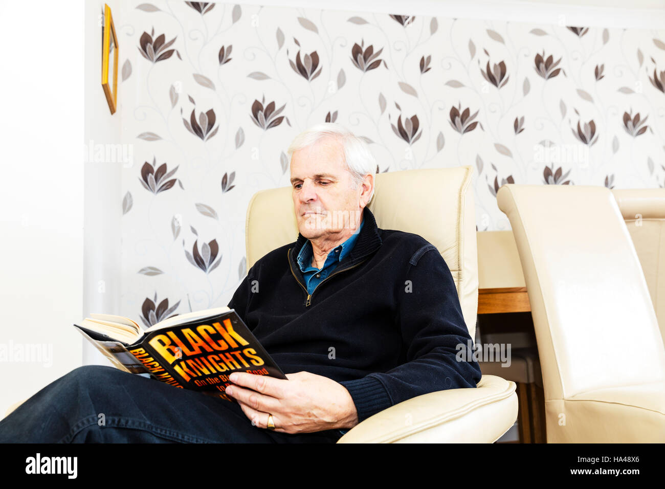 Mann liest Buch, Book-Reader, Oap lesen Buch Hardcover Bücher Thriller Hobby saß liest sich Rentner lesen Buch Greis Buch Stockfoto