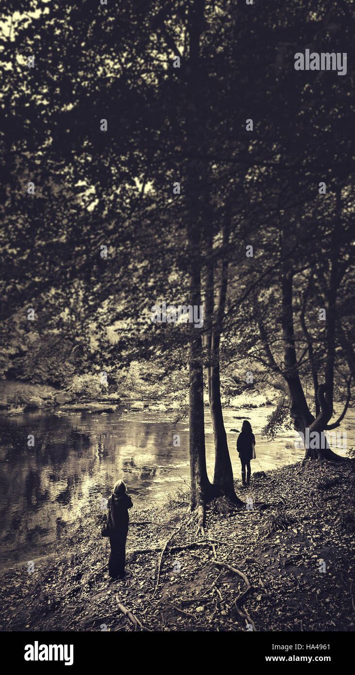 Landschaft mit zwei Leuten im Wald am Fluss Stockfoto