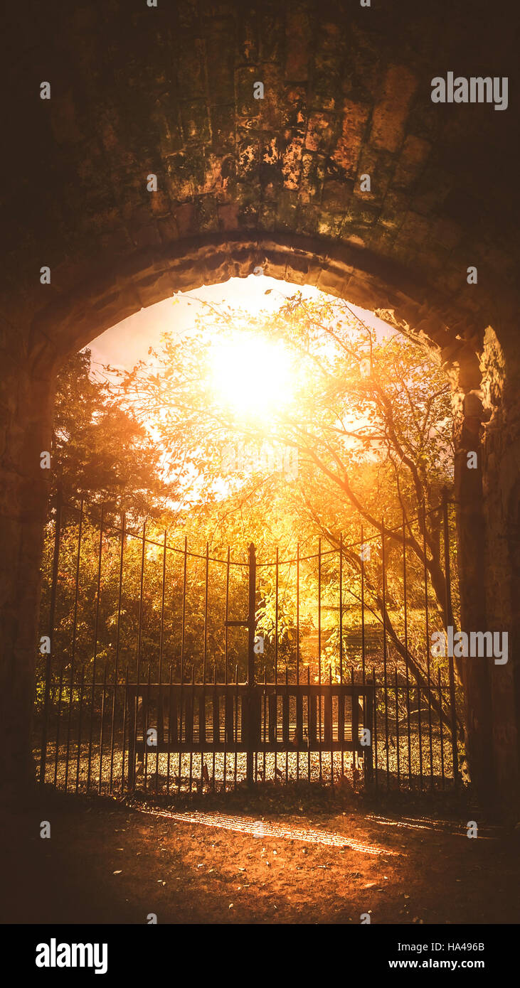 alte Metall Tor führt in den Mysterien-park Stockfoto