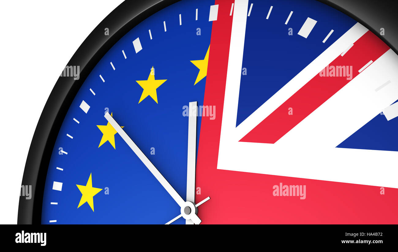 Brexit UK verlassen EU Verhandlungen Verfahrenskonzept mit Union Jack-Europäische Union Flagge auf einer Uhr. Stockfoto