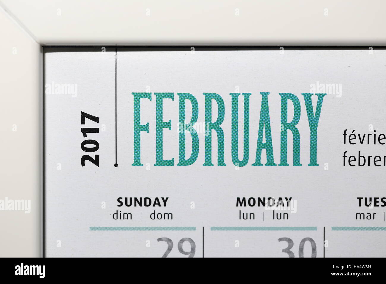 Kalender Februar 2017 in weißen Rahmen hautnah Stockfoto