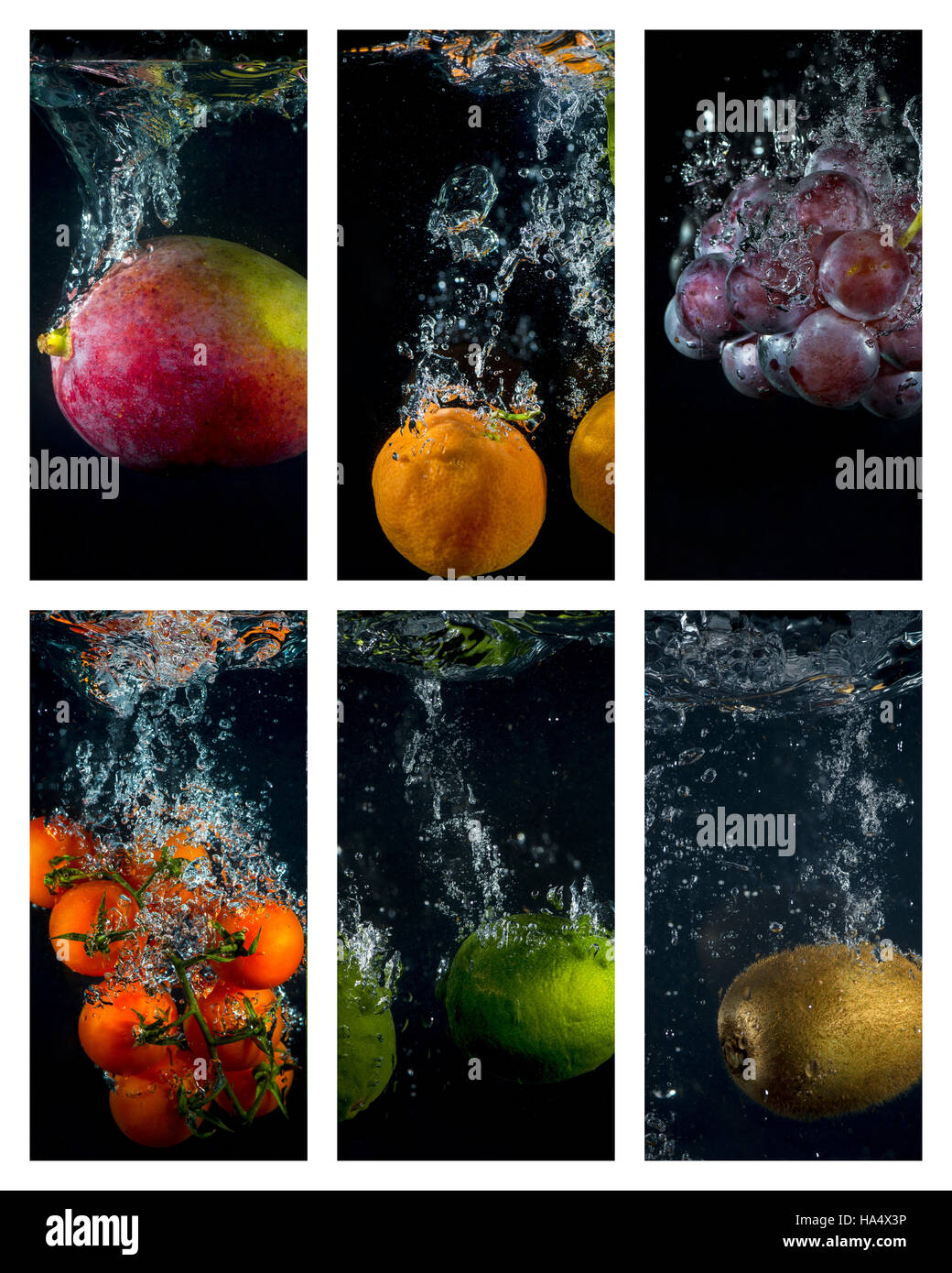 Obst und Gemüse mit Spritzern und Luftblasen ins Wasser fallen  Stockfotografie - Alamy