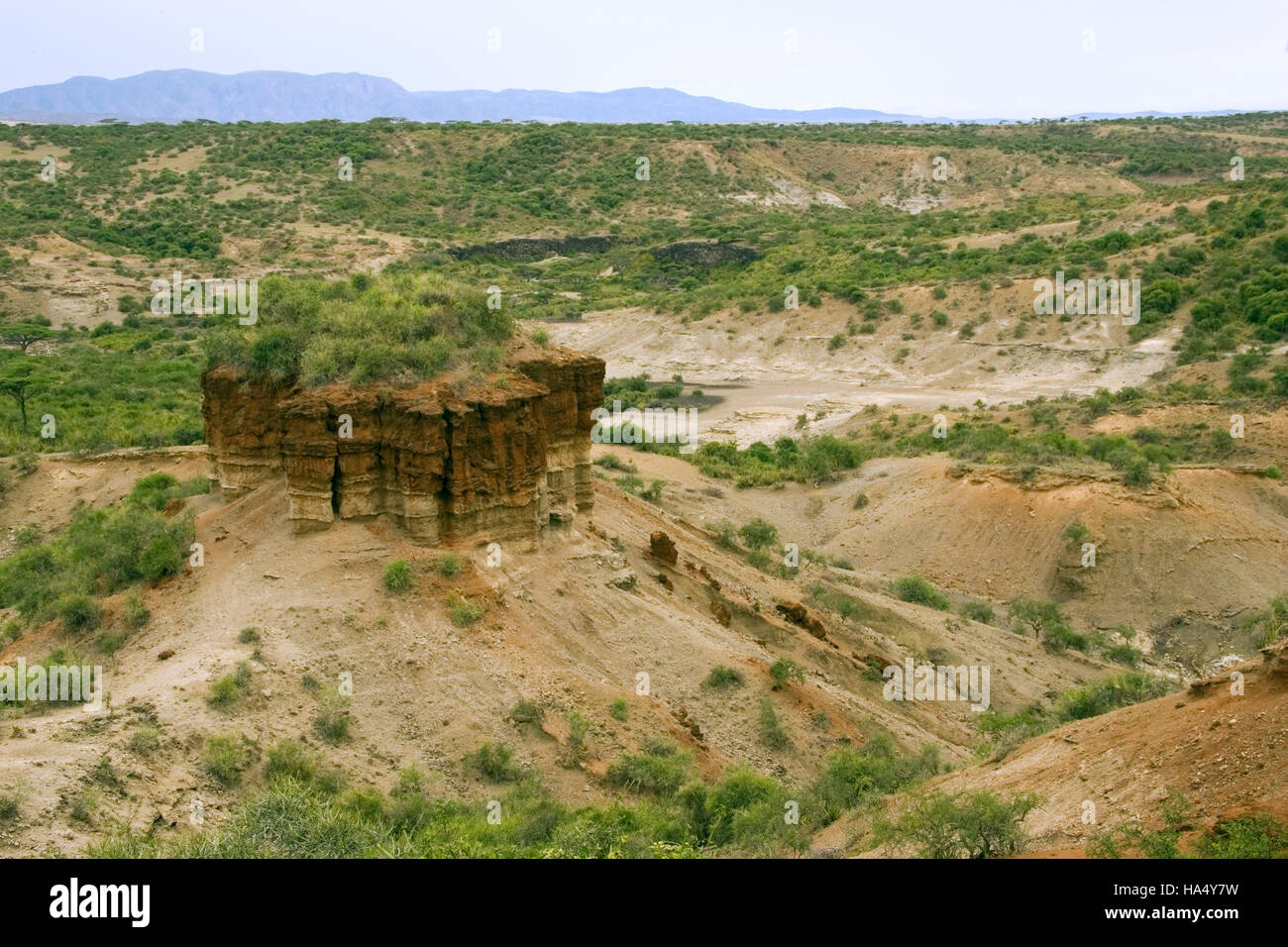 Oldupai Gorge Felsformationen in der Nähe von Besucherzentrum in Tansania in der Nähe von Serengeti-Nationalpark. Stockfoto