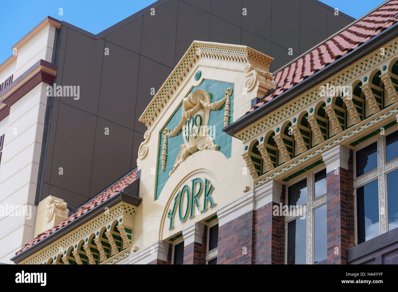 Reich verzierte Fassade des York Gebäude, Queen Street Mall, Brisbane City, Brisbane, Queensland, Australien Stockfoto
