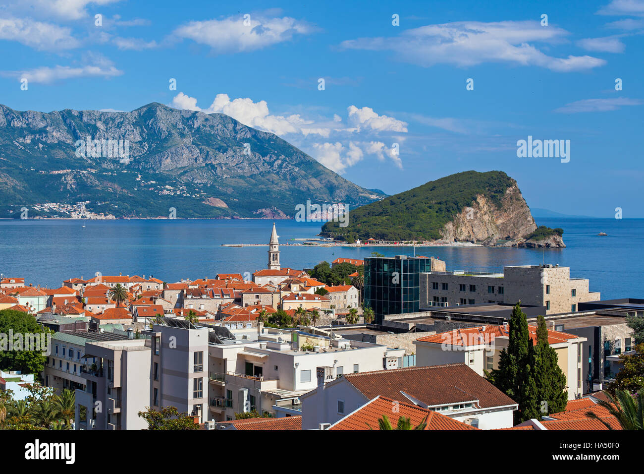 Budva, Insel Sveti Nikola und Stari Grad Stockfoto