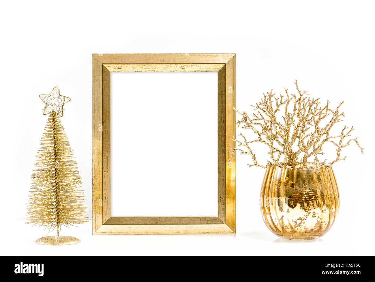 Goldene Bilderrahmen und glänzenden Weihnachtsdekoration Stockfoto