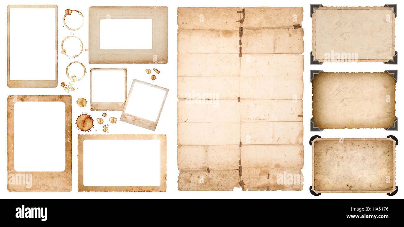 Alter Bilderrahmen verwendet Blatt Papier gefaltet und Kaffeeflecken auf weißem Hintergrund. Scrapbook-Elemente Stockfoto
