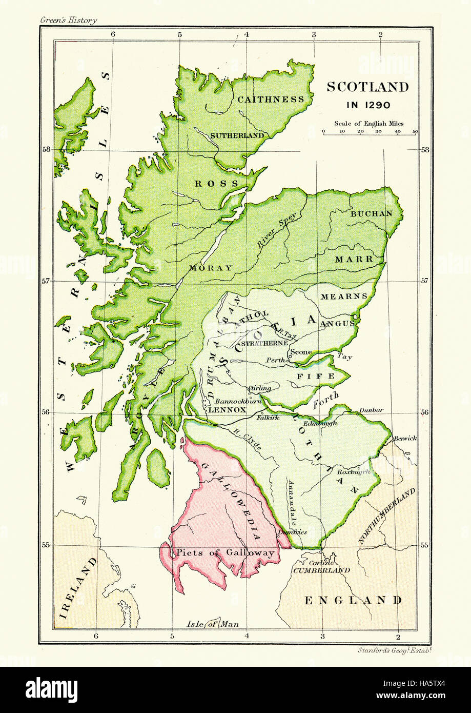 Karte von Medieval Scotland im späten 13. Jahrhundert Stockfoto