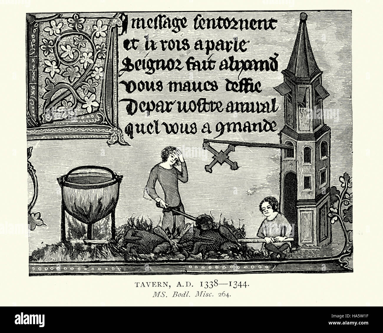 Mittelalterliche Darstellung einer Taverne mit Köche kochen über dem Feuer, mit einem Kessel und Spieß braten (Rotisserie). 14. Jahrhundert Stockfoto
