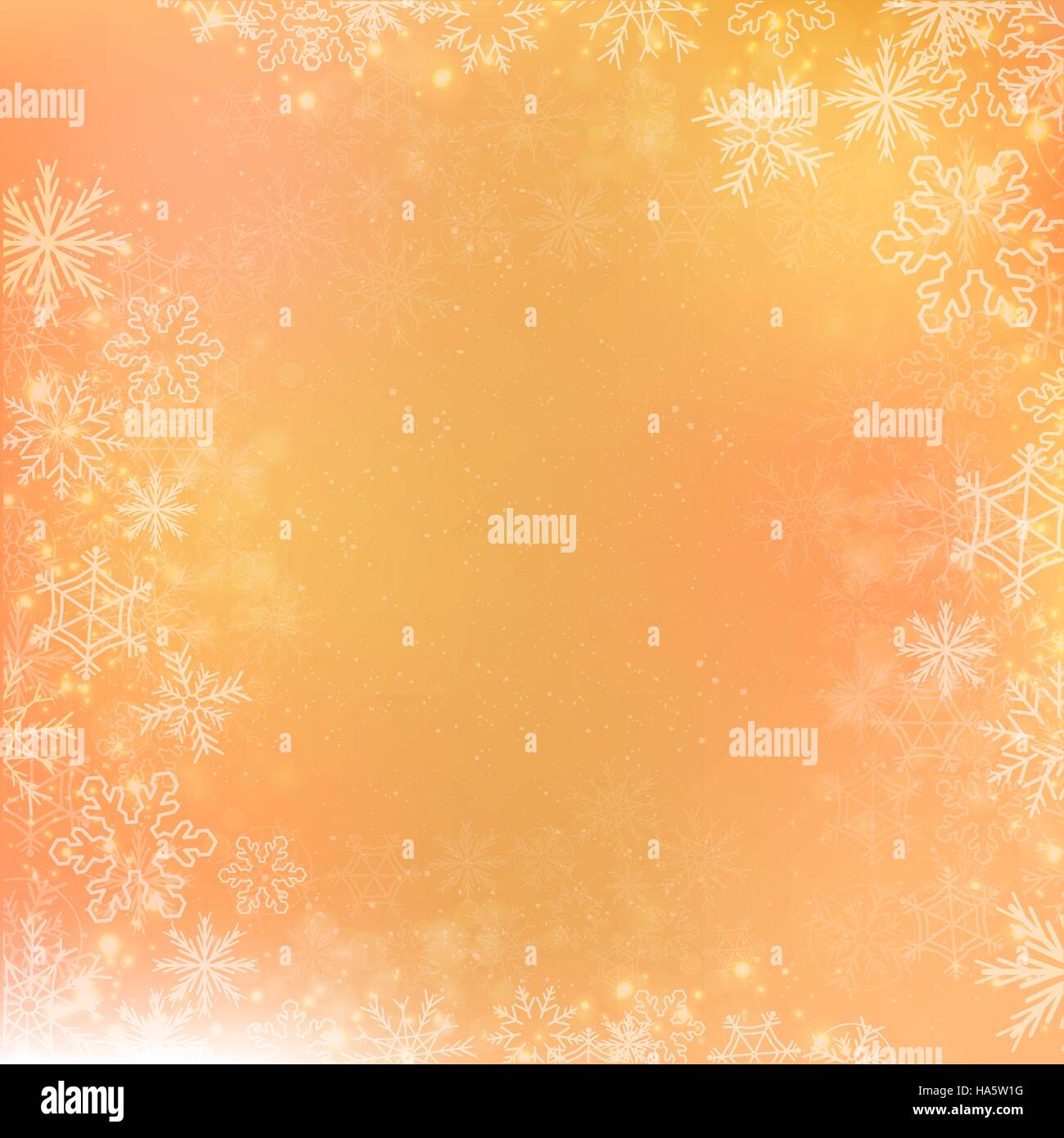 Quadratische orange gradient Winter quadratische Banner Hintergrund mit Schnee und Schneeflocken Grenze Stock Vektor