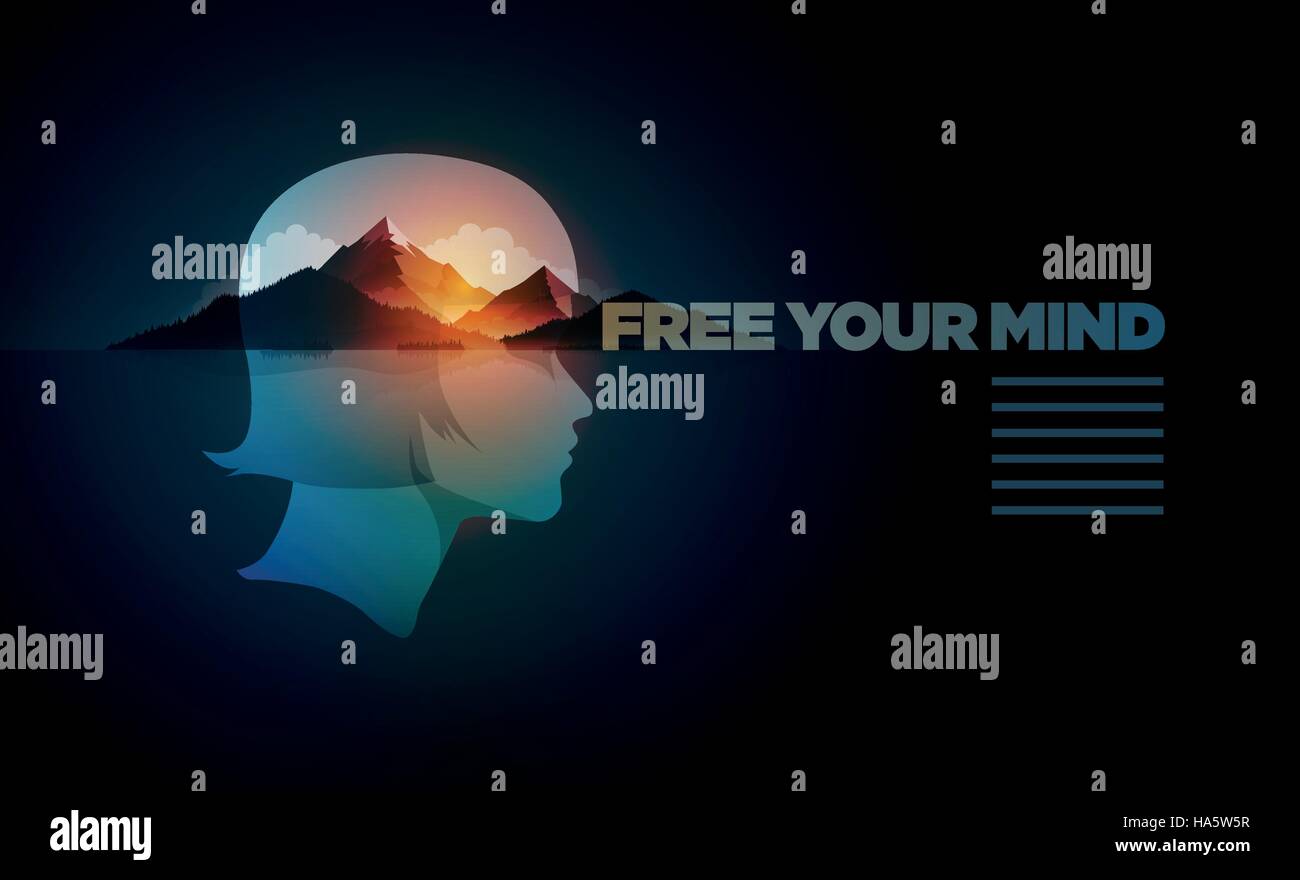 Free Your Mind Award. Vektor-Plakat-Vorlage mit Konzept Abbildung. Doppelte Belichtung Mädchen Porträt und Berg, Wald und Meer Landschaft. Stock Vektor