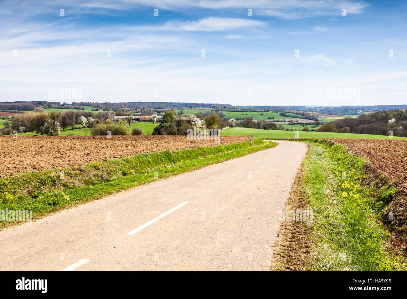 Eine Landstraße in der französischen Landschaft. Stockfoto