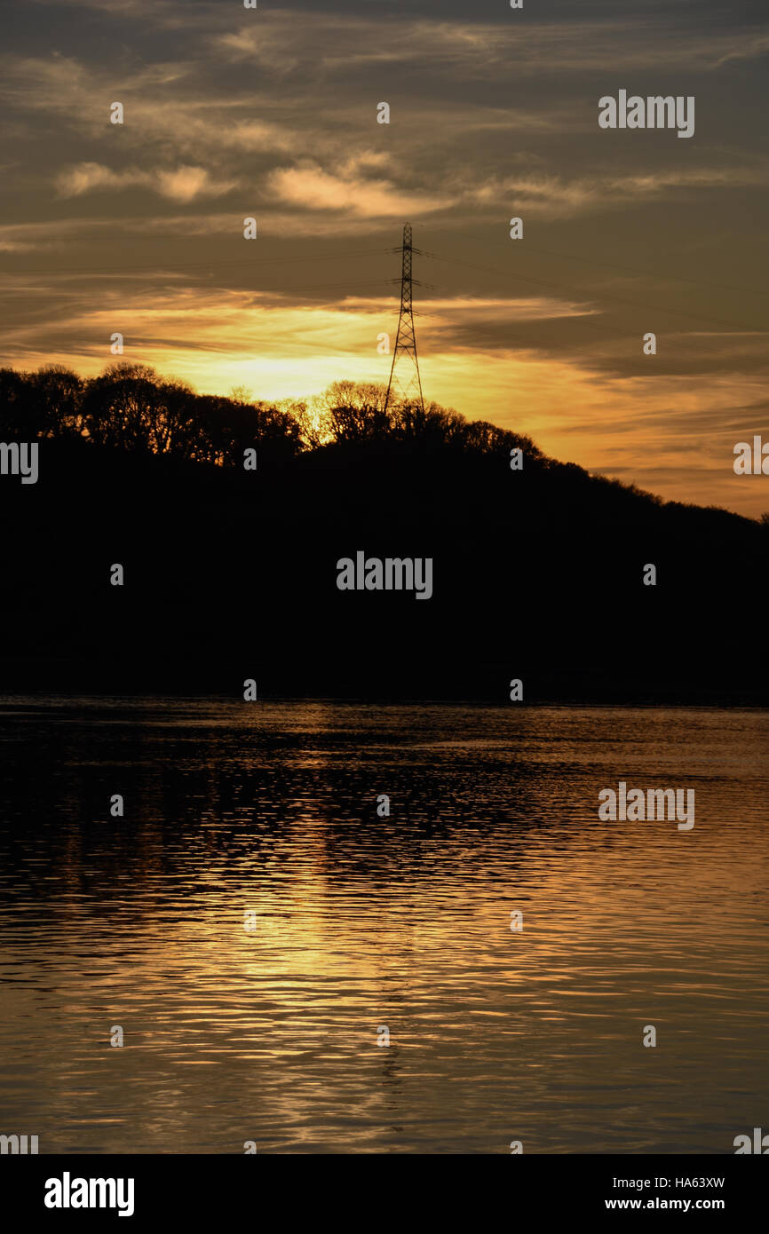 Strommasten und Bäume Silhouette gegen goldenen Wolken Stockfoto