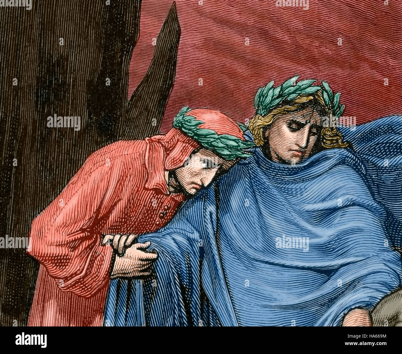 Göttliche Komödie. Episches Gedicht von Dante Alighieri zwischen 1308 und seinem Tod im Jahre 1321.  Reise von Dante durch die Hölle, geleitet von den römischen Dichter Vergil.  Stich von Gustave Dore. Farbige. Stockfoto