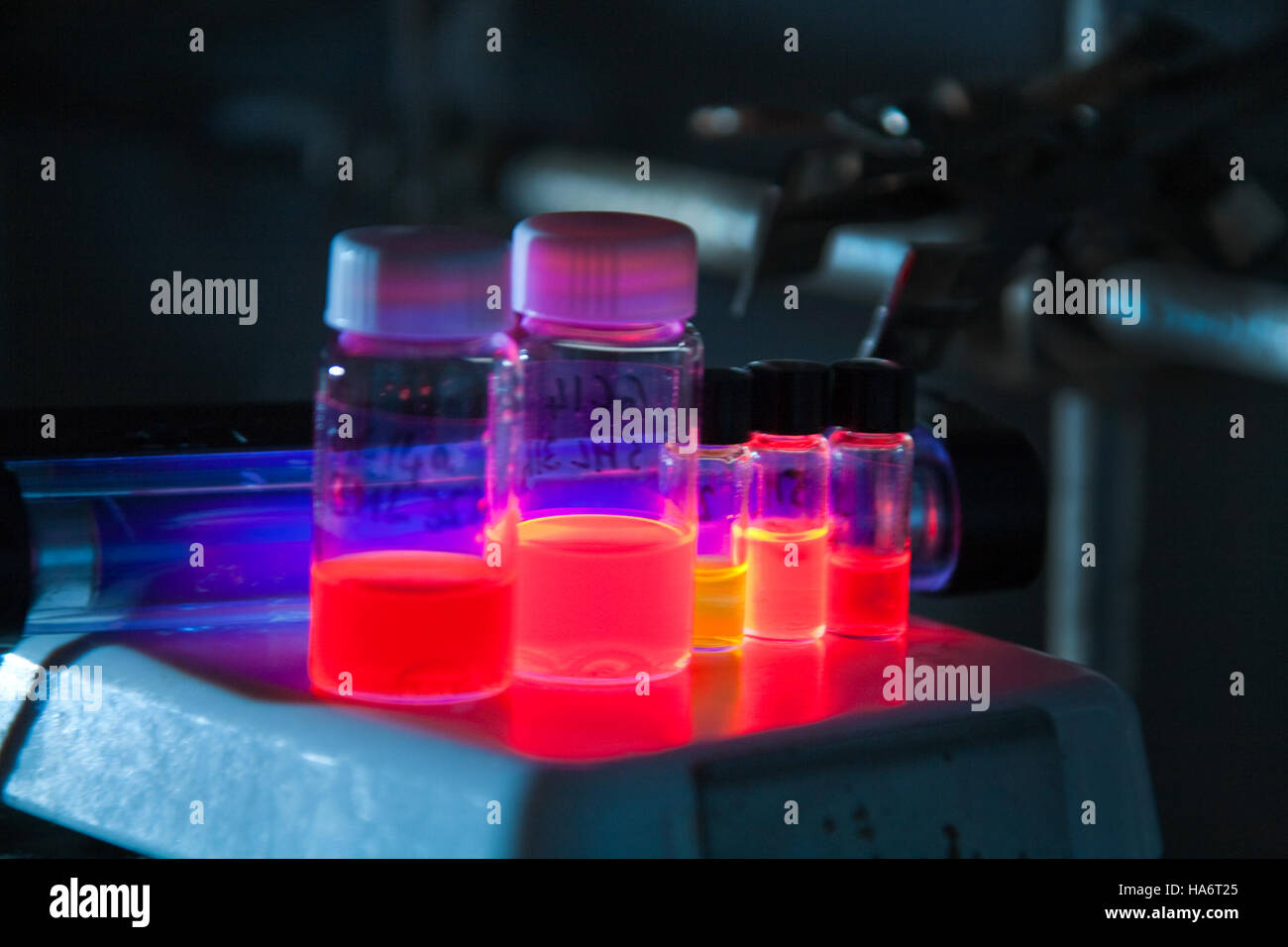 Dieses Bild zeigt Proben von Nanokristallen aus dem Los Alamos National Laboratory. Diese Proben sind Teil der Forschungsbemühungen, die sich auf Nanomaterialien konzentrieren, die vielfältige Anwendungen in Bereichen wie Materialwissenschaft, Energie und Elektronik haben. Stockfoto