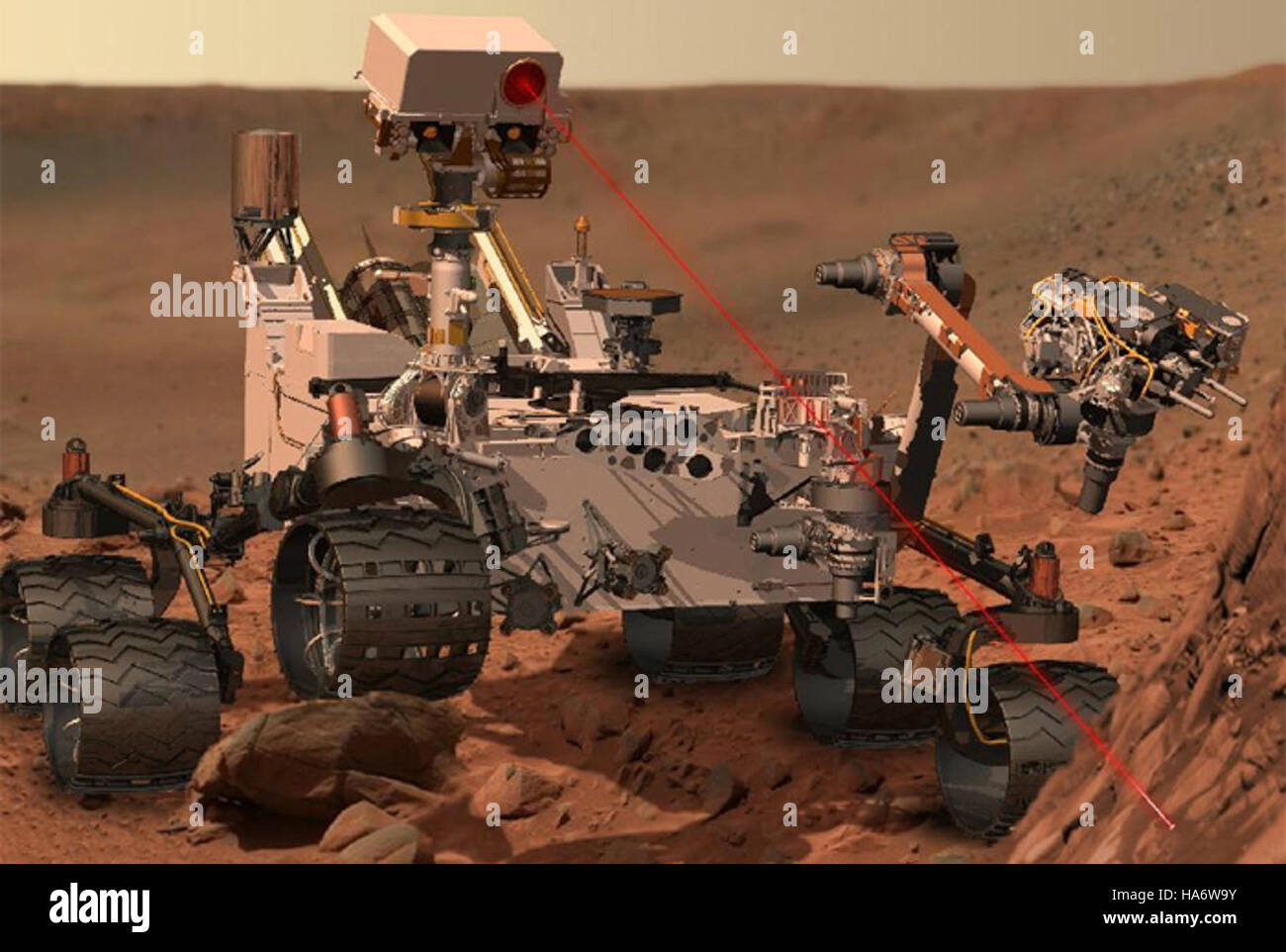 Der Mars rover stützt sich auf drei kritische Technologien, die vom Los Alamos National Laboratory (LANL) entwickelt wurden, um effektiv auf dem Roten Planeten zu funktionieren. Dies unterstreicht die Bedeutung wissenschaftlicher Innovationen bei der Weltraumforschung. Stockfoto