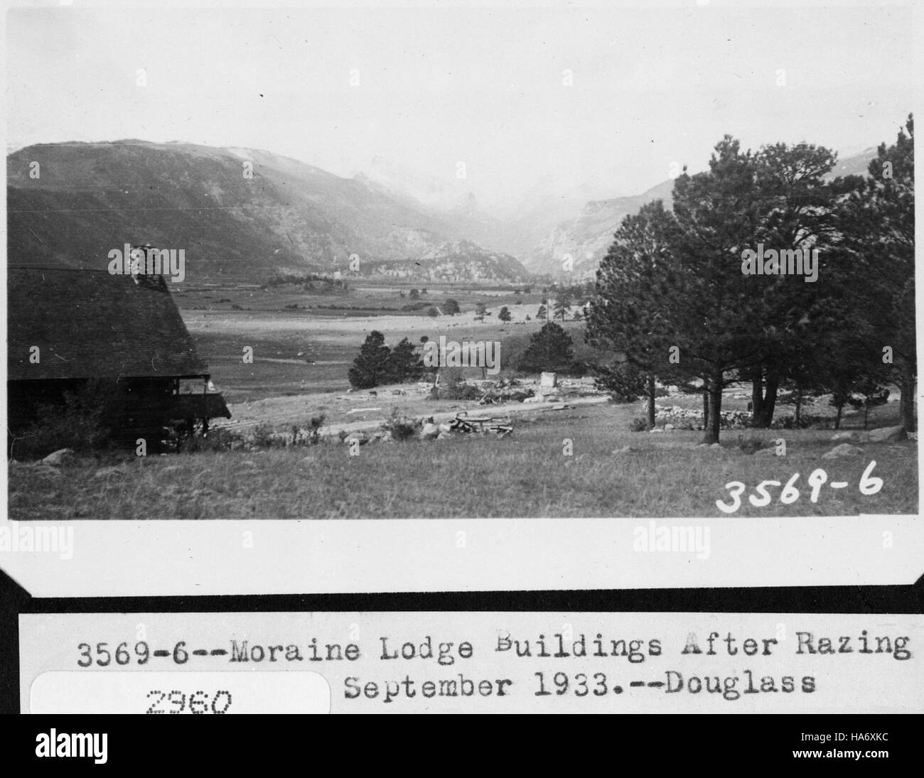 Die Moraine Lodge im Rocky Mountain National Park wurde abgerissen, ein Überrest der CCC-Lager. Stockfoto