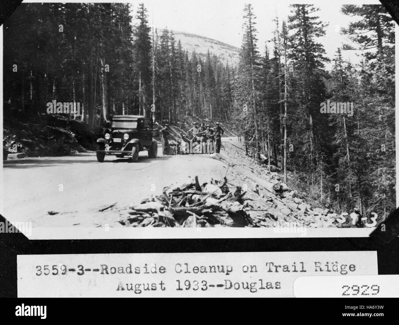 Eine vom Civilian Conservation Corps (CCC) in der Vergangenheit organisierte Veranstaltung am Trail Ridge im Rocky Mountain National Park unterstreicht das Engagement des Parks für die Erhaltung sauberer und nachhaltiger Umgebungen für den öffentlichen Genuss und die ökologische Gesundheit. Stockfoto