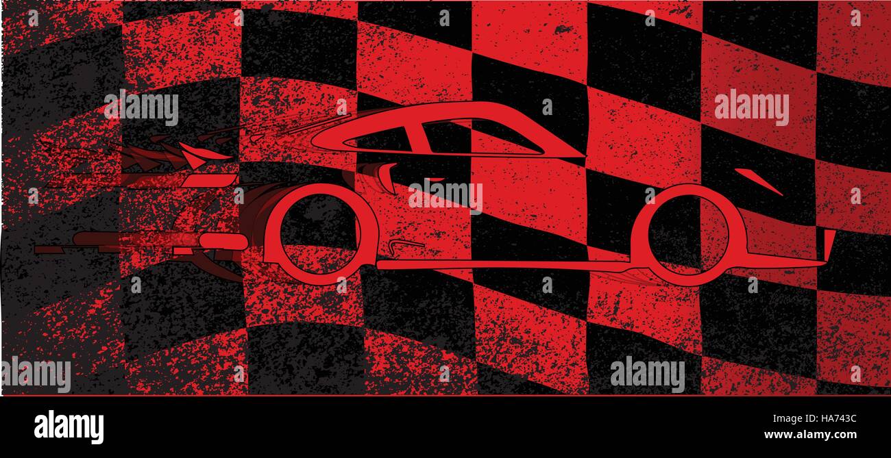 Ein schmutziges rot und schwarz Grunge fx karierte Rennflagge mit ein schnelles Auto Stock Vektor